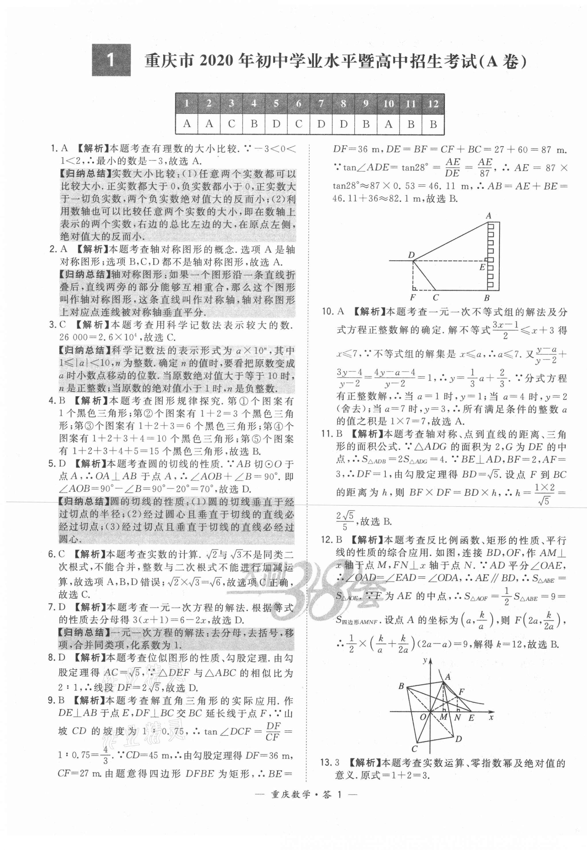 2021年天利38套中考试题精选数学重庆专版 参考答案第1页