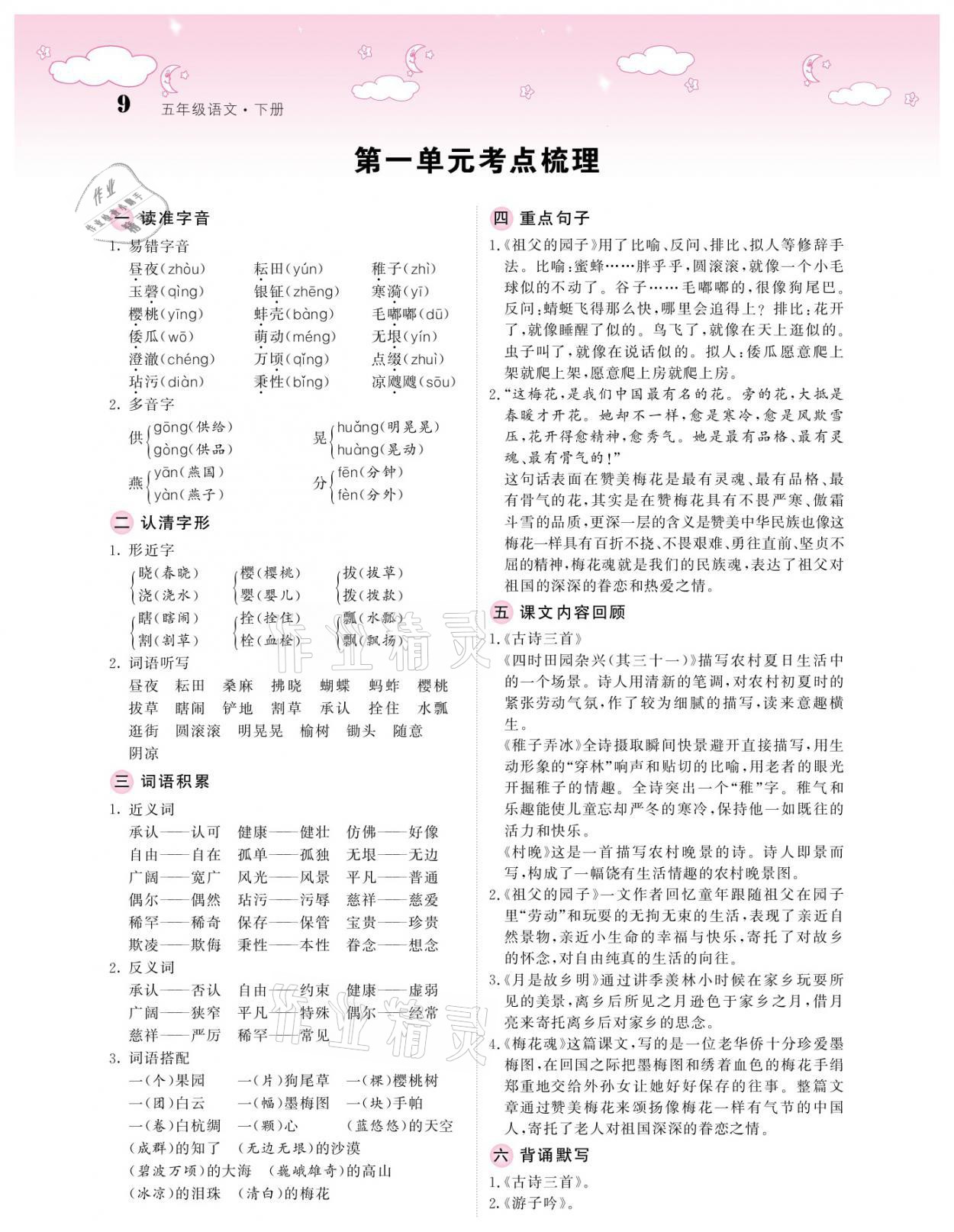 2021年課堂點(diǎn)睛五年級語文下冊人教版廣東專版 參考答案第9頁