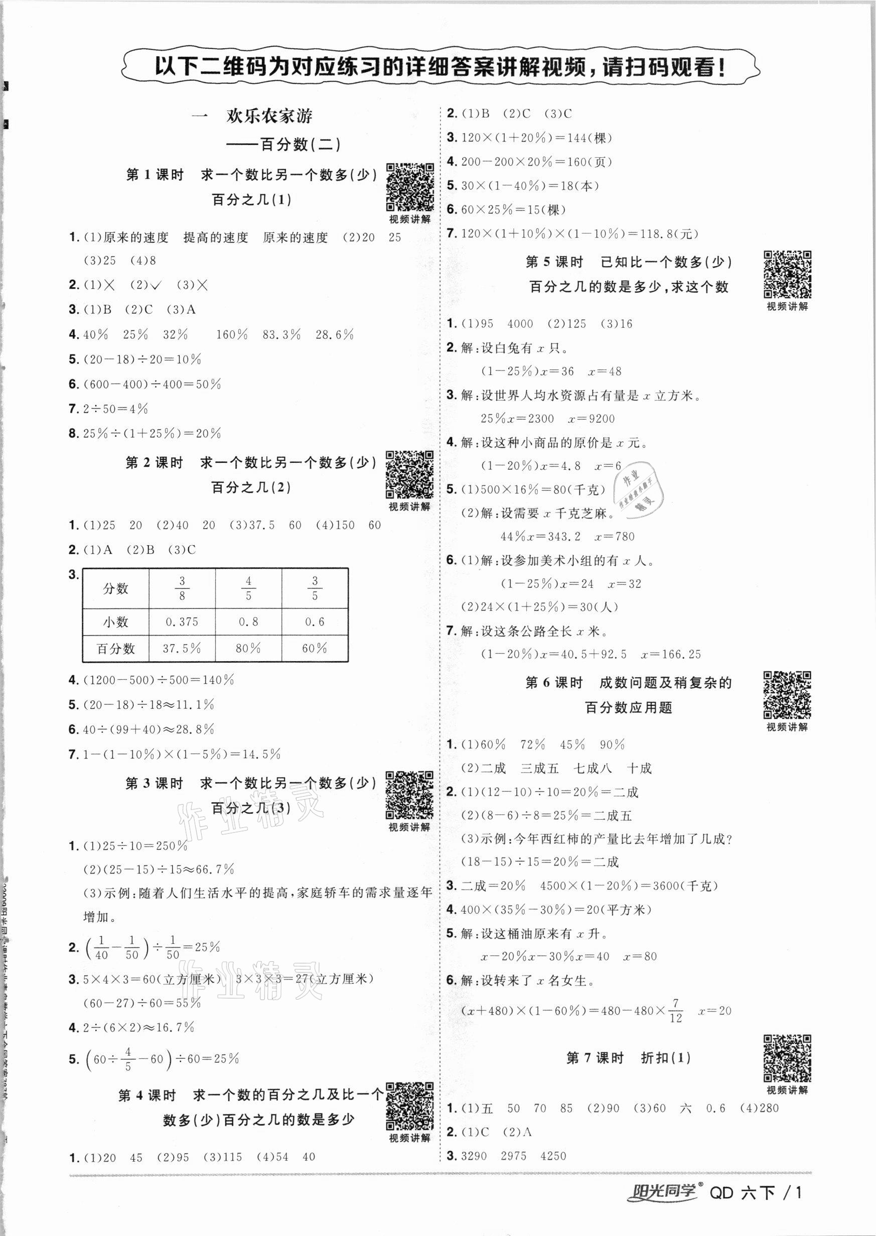 2021年阳光同学课时优化作业六年级数学下册青岛版 参考答案第1页