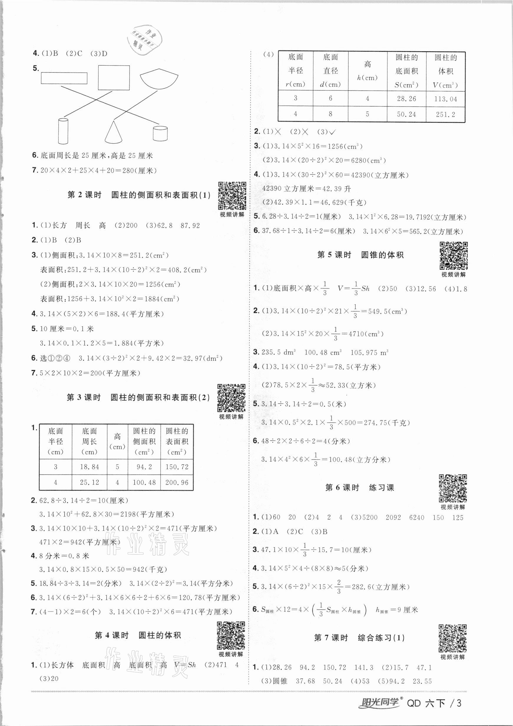 2021年阳光同学课时优化作业六年级数学下册青岛版 参考答案第3页