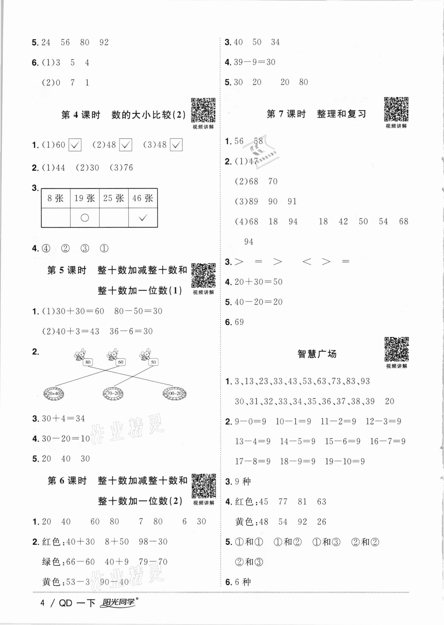 2021年陽光同學(xué)課時優(yōu)化作業(yè)一年級數(shù)學(xué)下冊青島版 參考答案第4頁