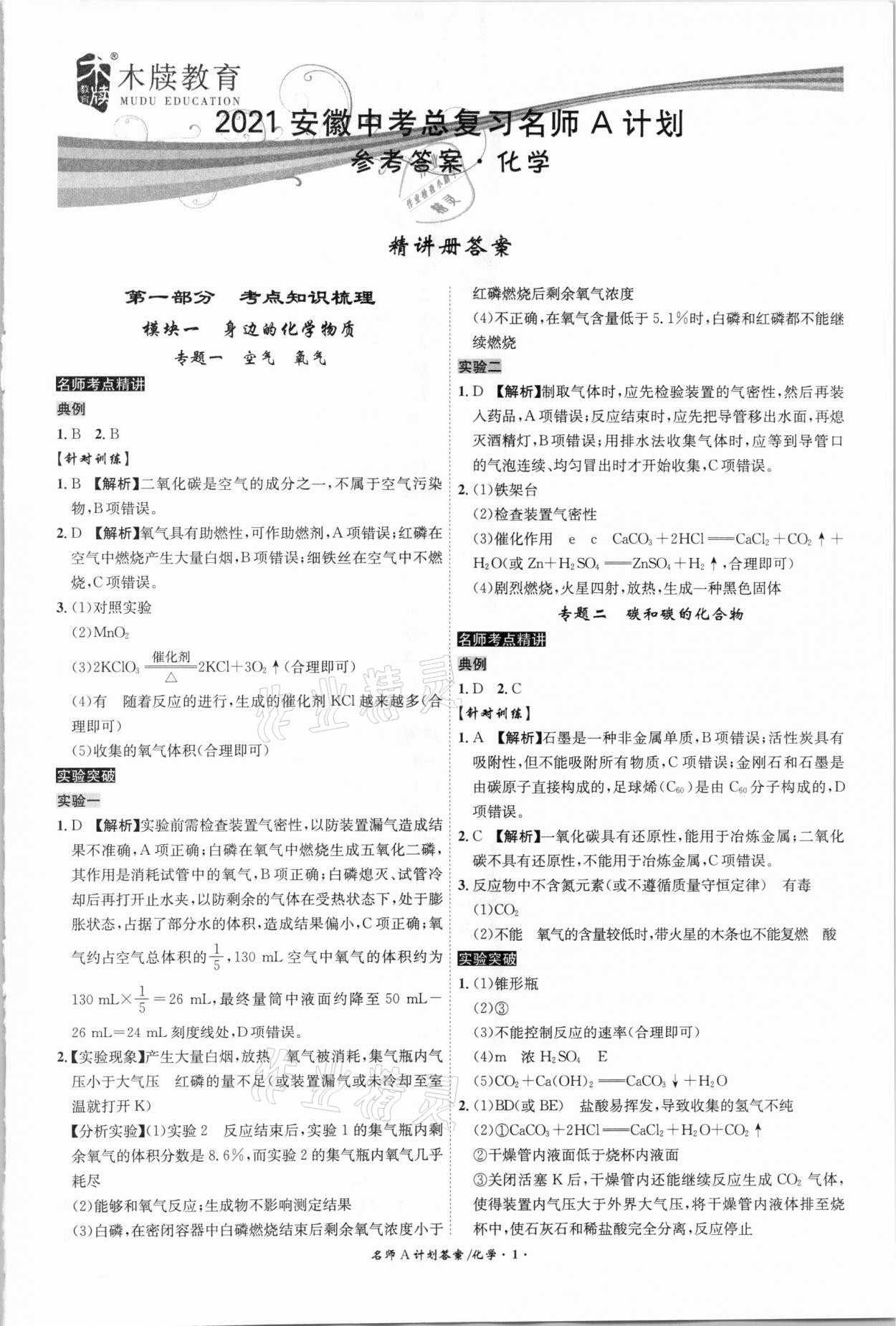 2021年中考总复习名师A计划化学安徽专版 参考答案第1页