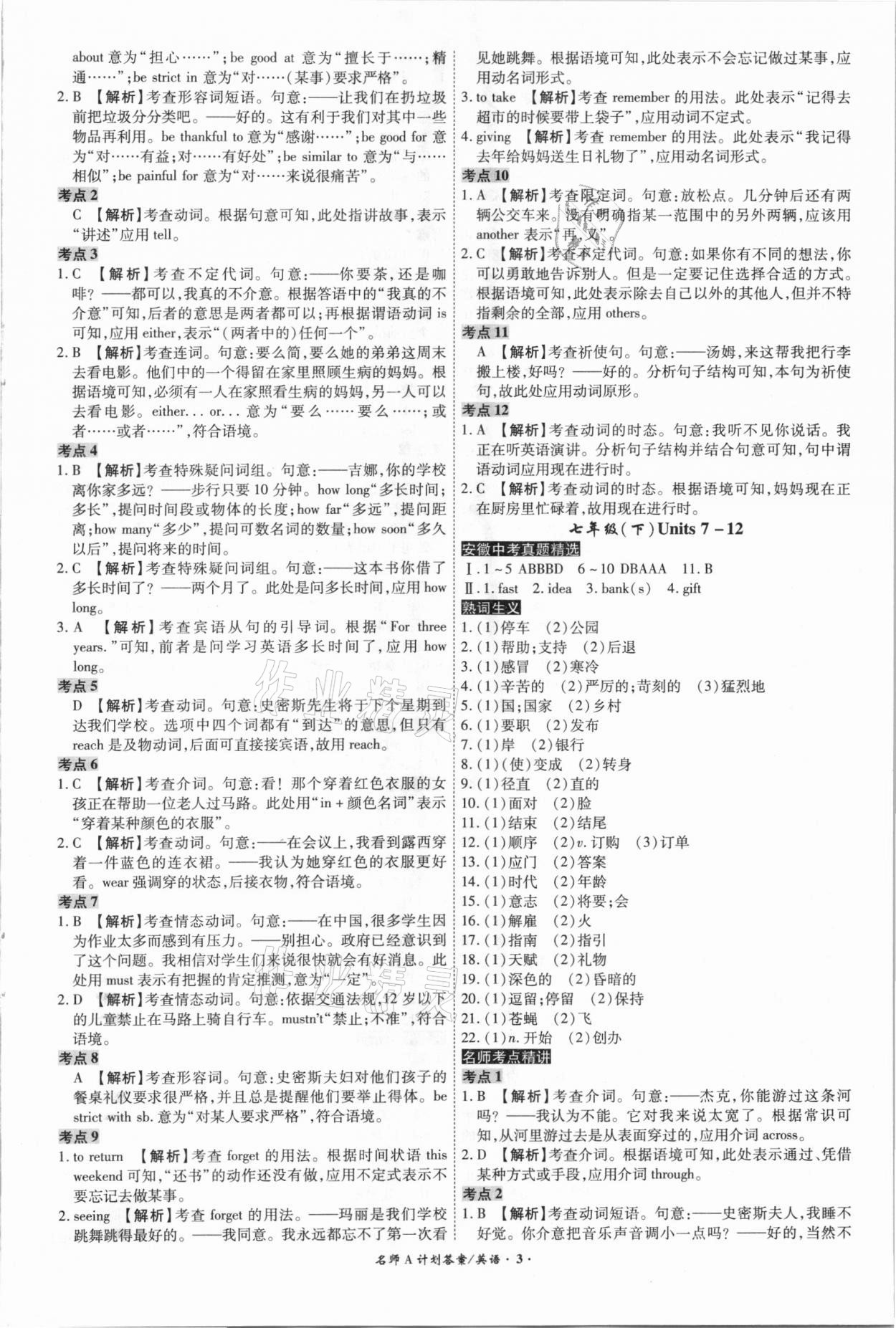 2021年中考总复习名师A计划英语安徽专版 参考答案第3页