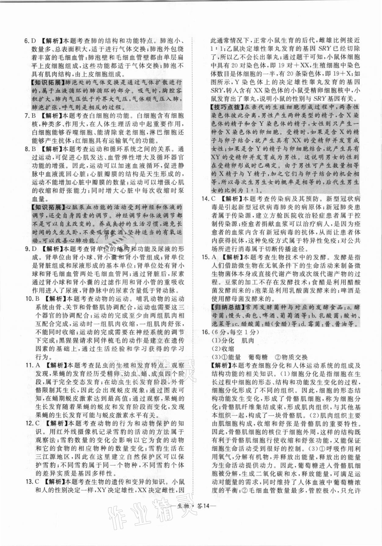 2021年天利38套中考试题精选生物北京专版 参考答案第14页