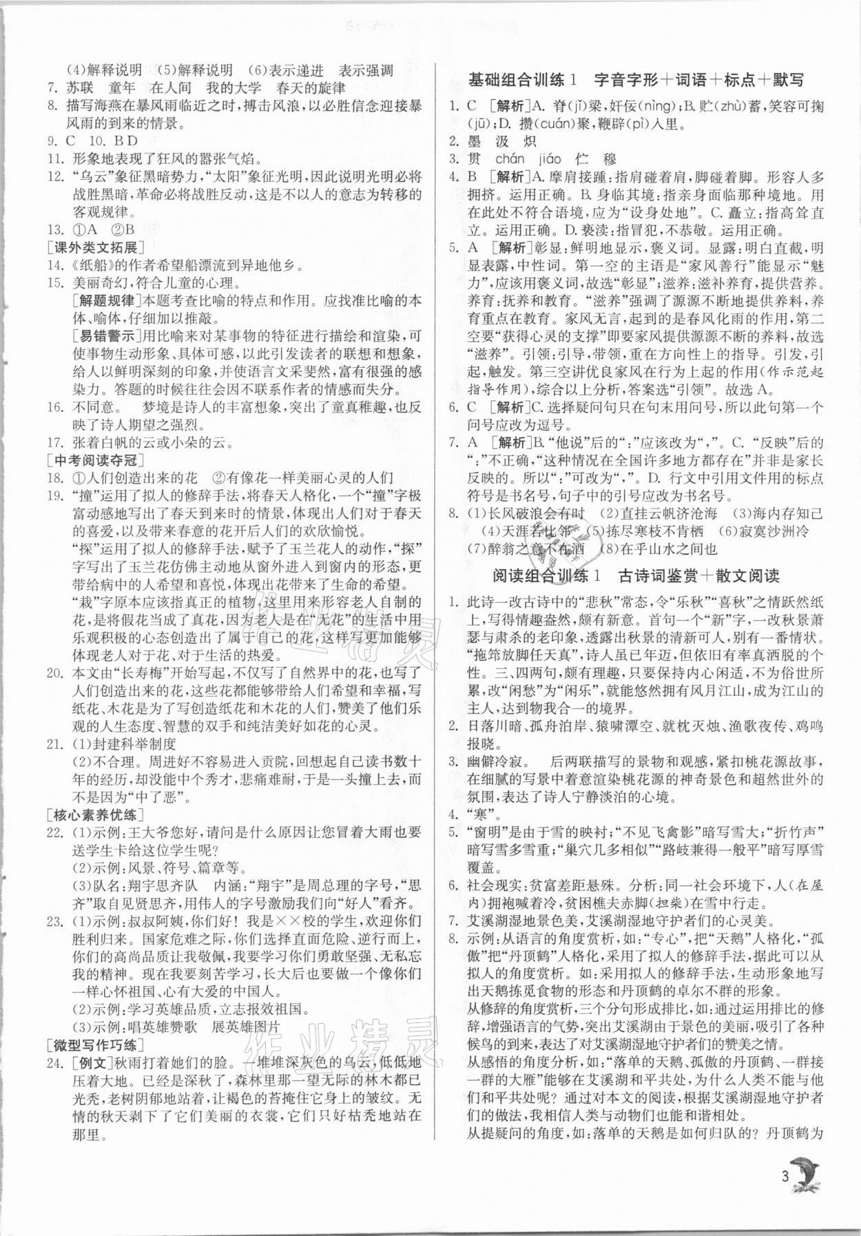 2021年实验班提优训练九年级语文下册人教版 参考答案第3页