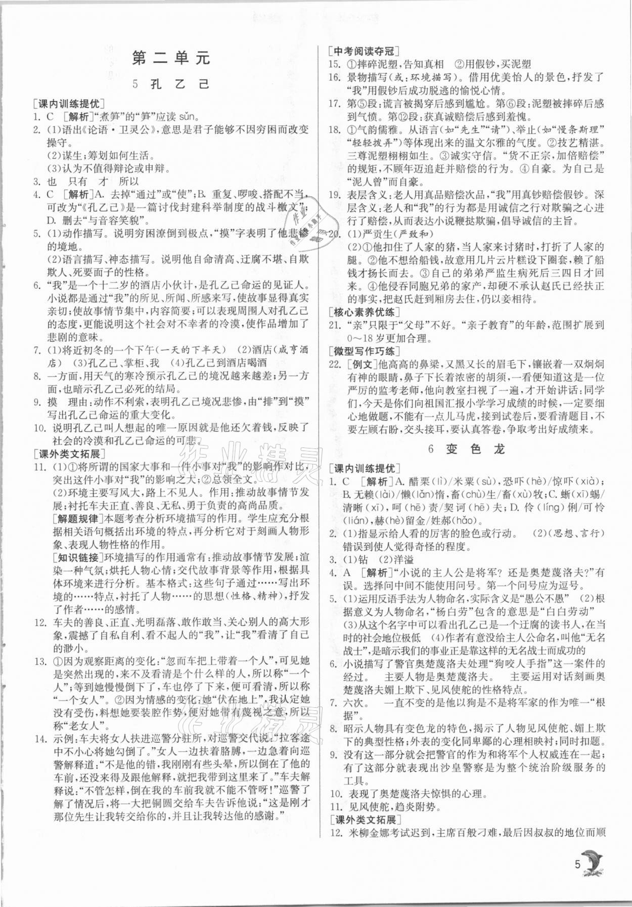 2021年实验班提优训练九年级语文下册人教版 参考答案第5页