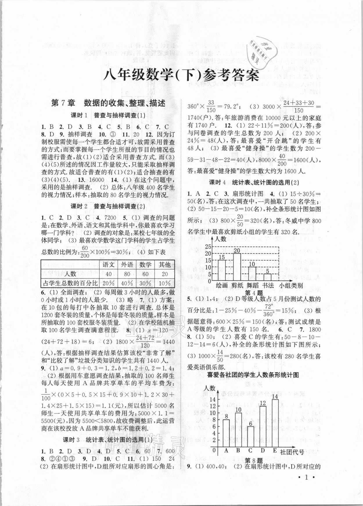 2021年高效精练八年级数学下册苏科版 参考答案第1页