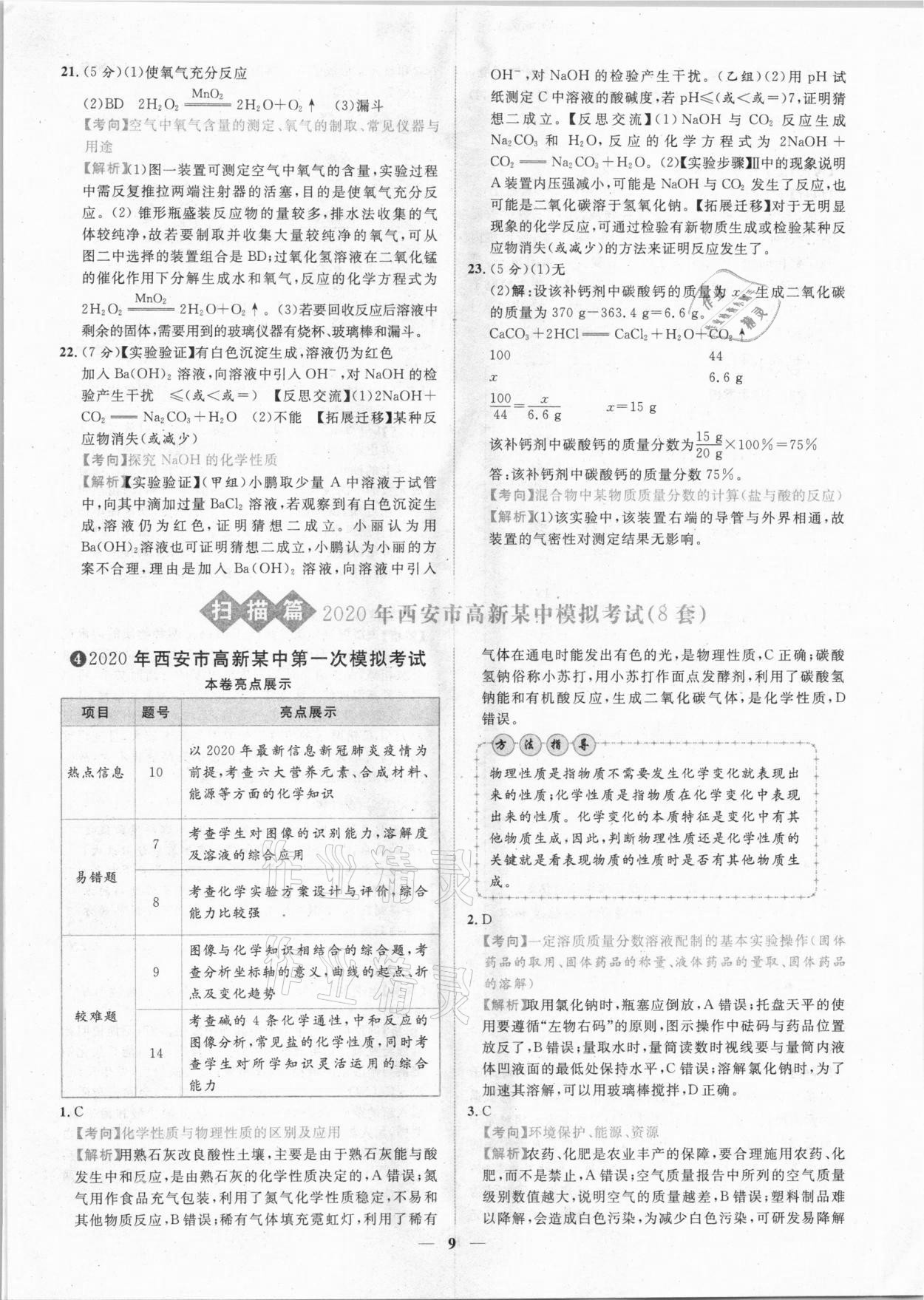 2021年中考金卷中考試題精編化學陜西專版 參考答案第6頁