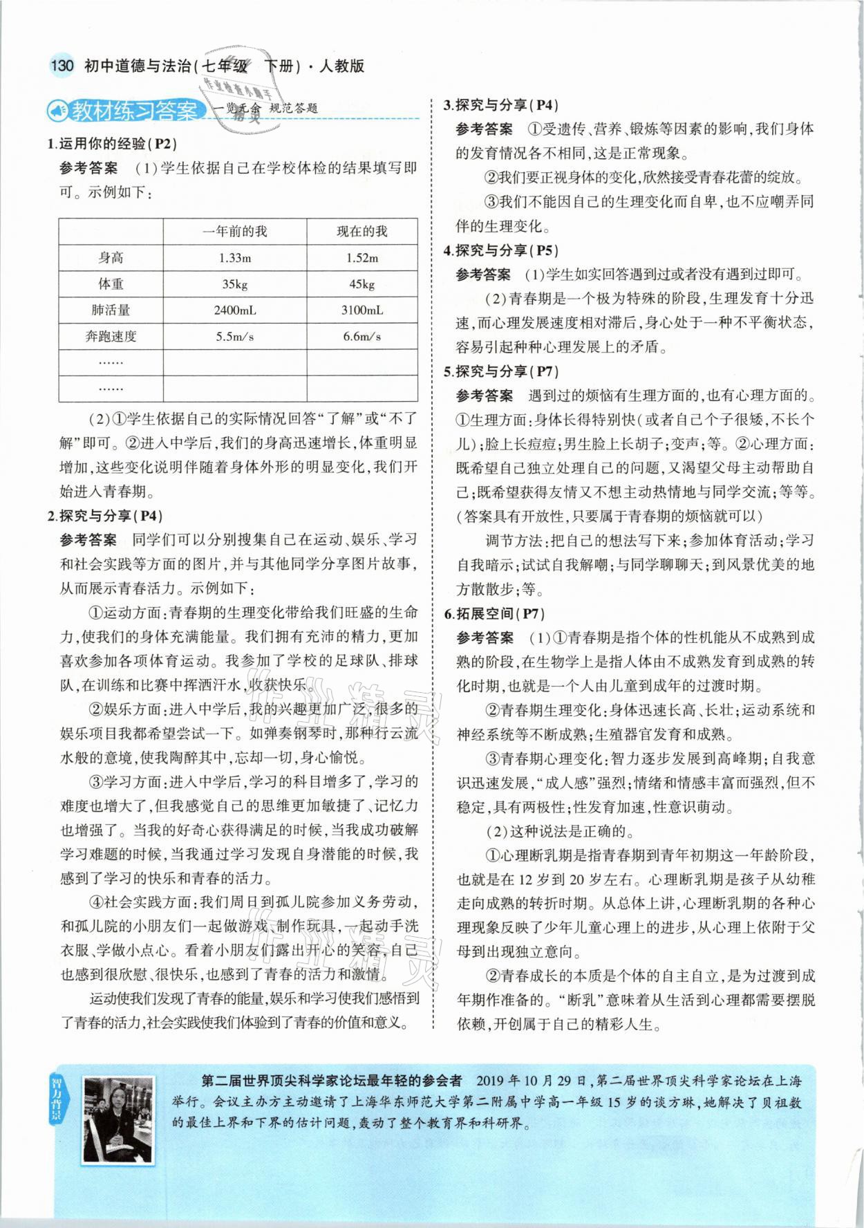 2021年教材课本七年级道德与法治下册人教版 参考答案第4页