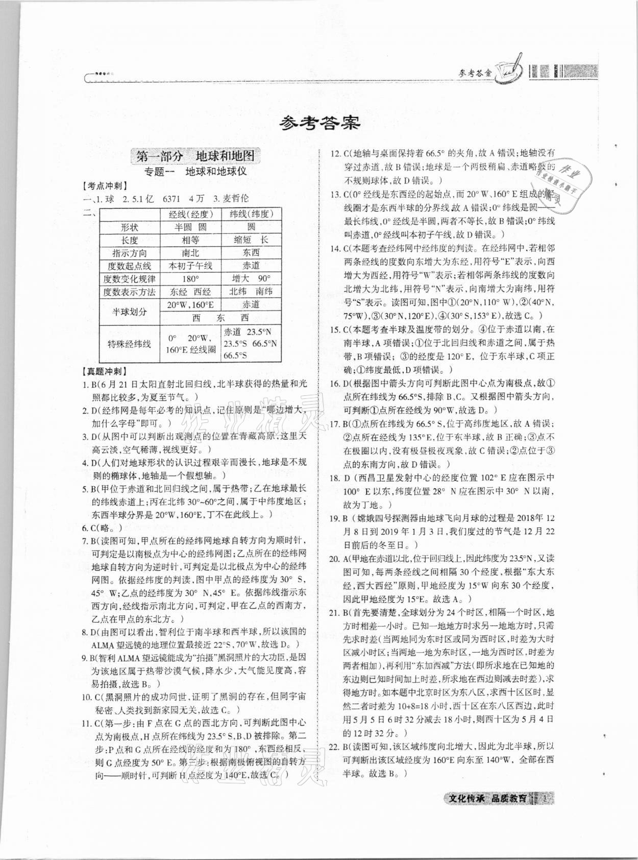 2021年中考冲刺地理广东专版 参考答案第1页