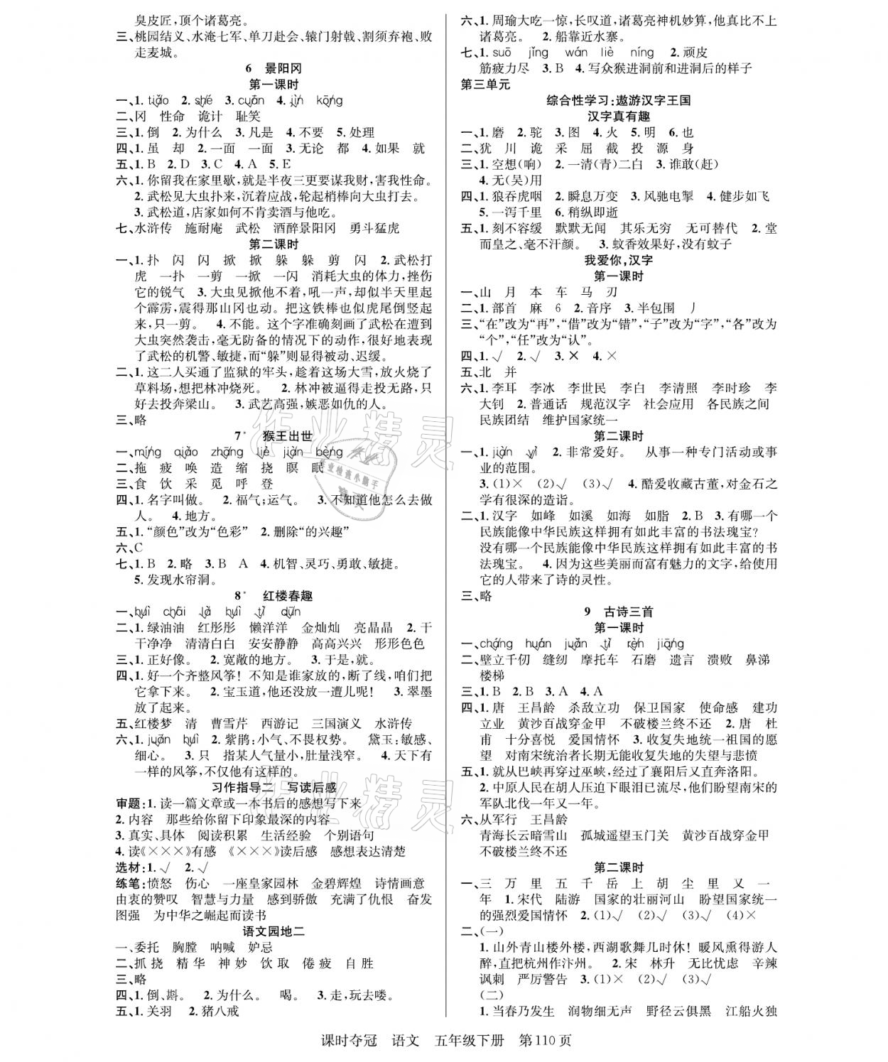 2021年课时夺冠五年级语文下册人教版 参考答案第2页