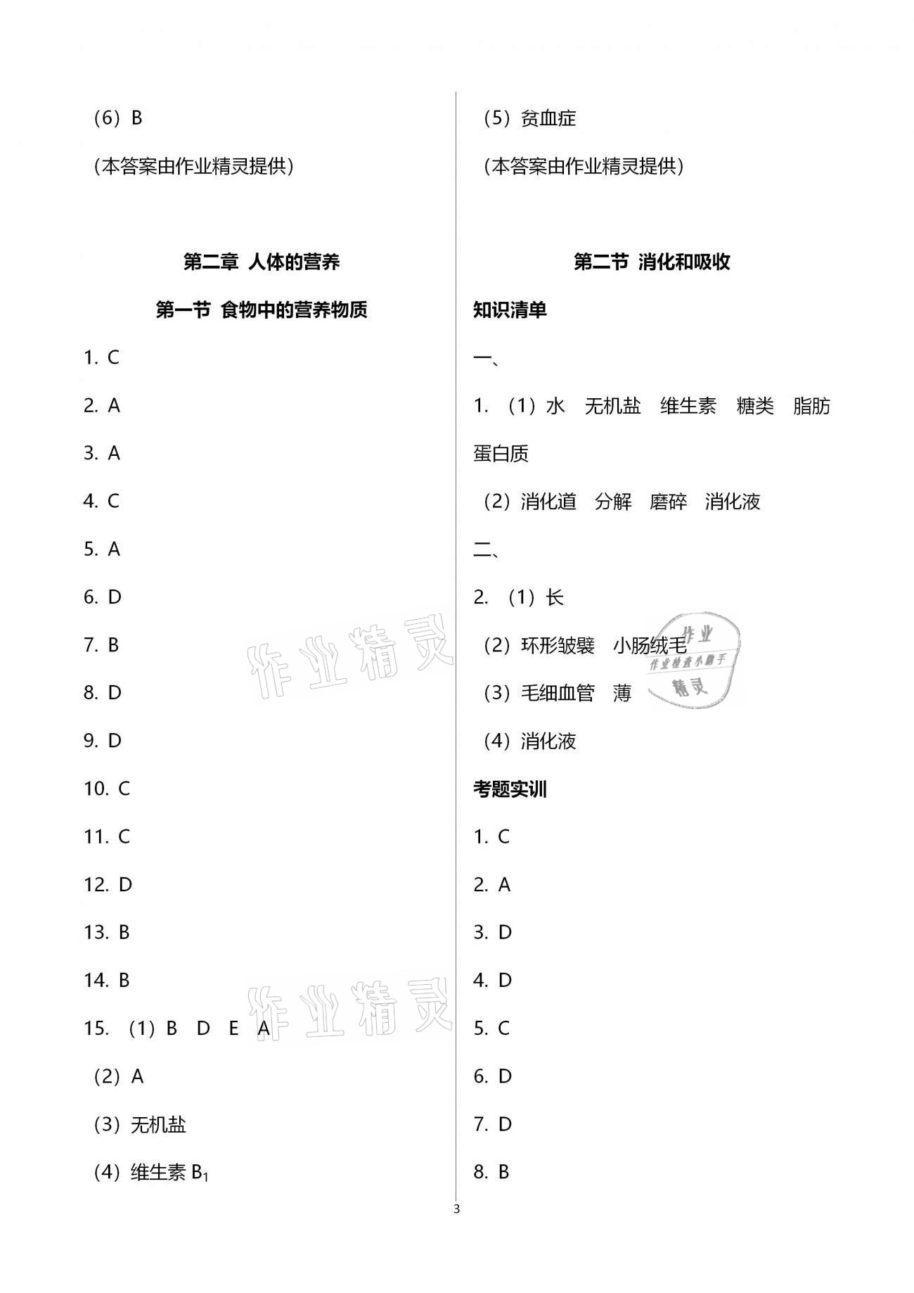 2020年好好學(xué)習(xí)同步訓(xùn)練七年級生物下冊人教版 參考答案第3頁