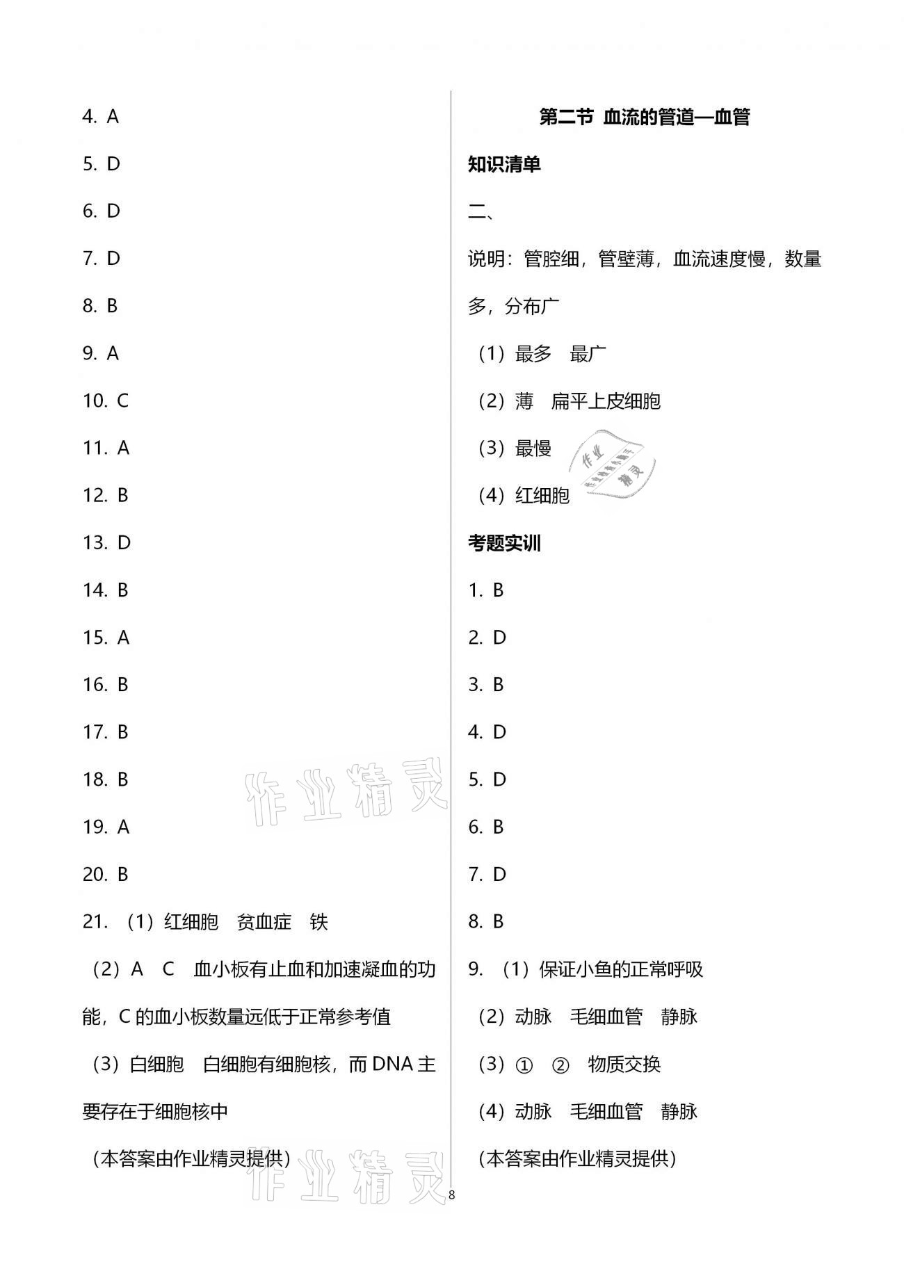 2020年好好學習同步訓練七年級生物下冊人教版 參考答案第8頁