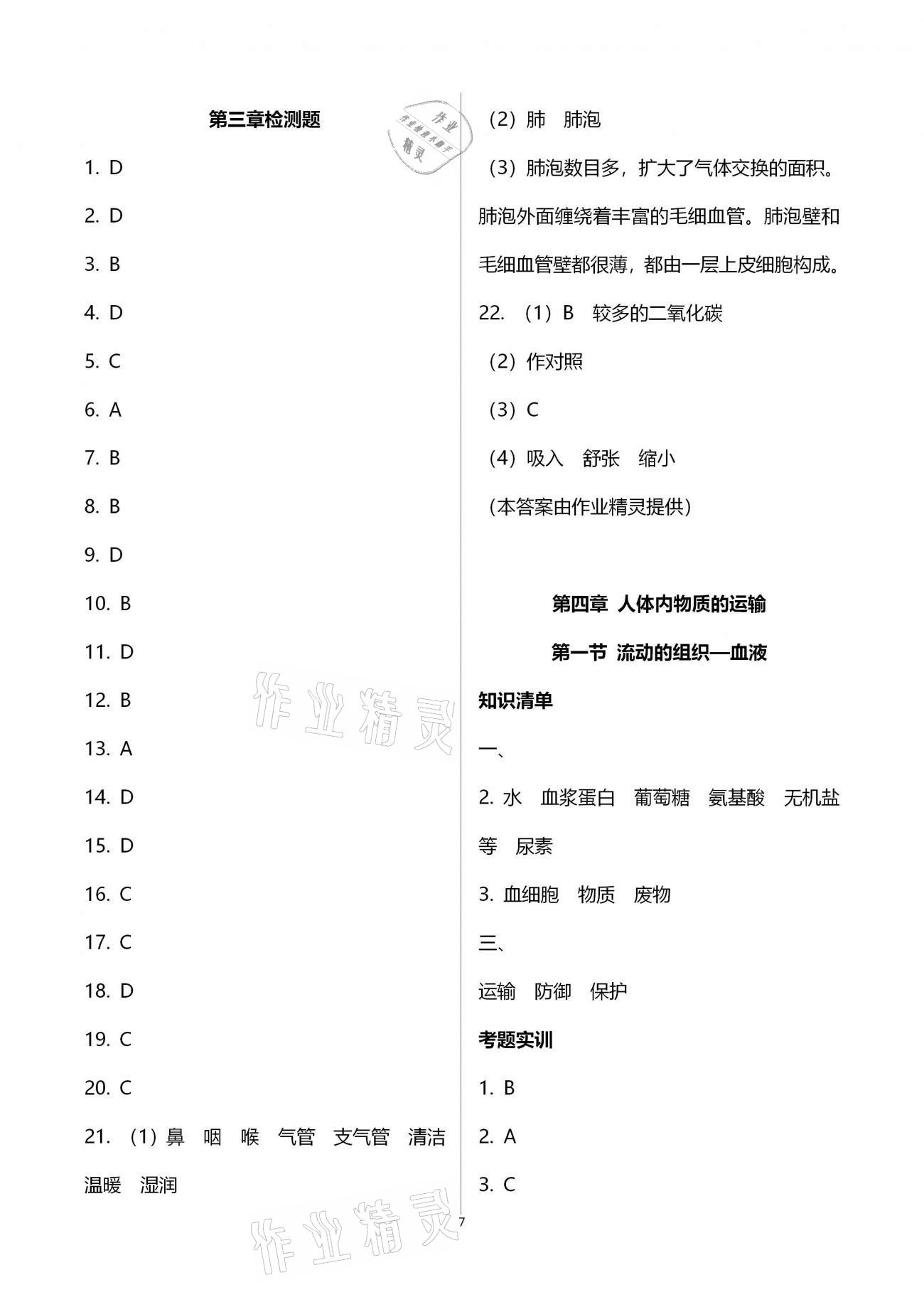 2020年好好學(xué)習(xí)同步訓(xùn)練七年級生物下冊人教版 參考答案第7頁