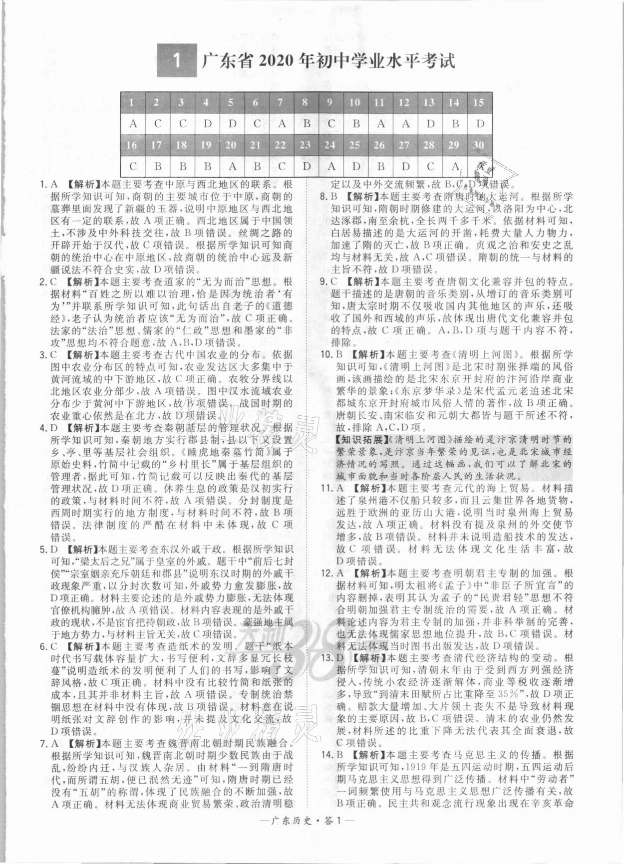 2021年天利38套廣東省中考試題精選歷史 參考答案第1頁