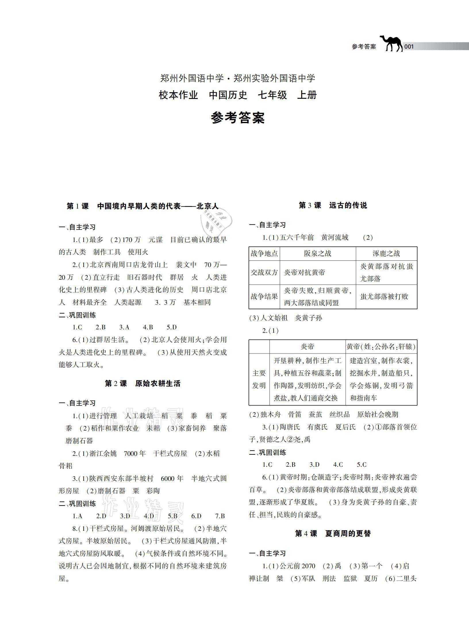 2020年郑州外国语中学郑州实验外国语中学校本作业七年级中国历史上册人教版 参考答案第1页