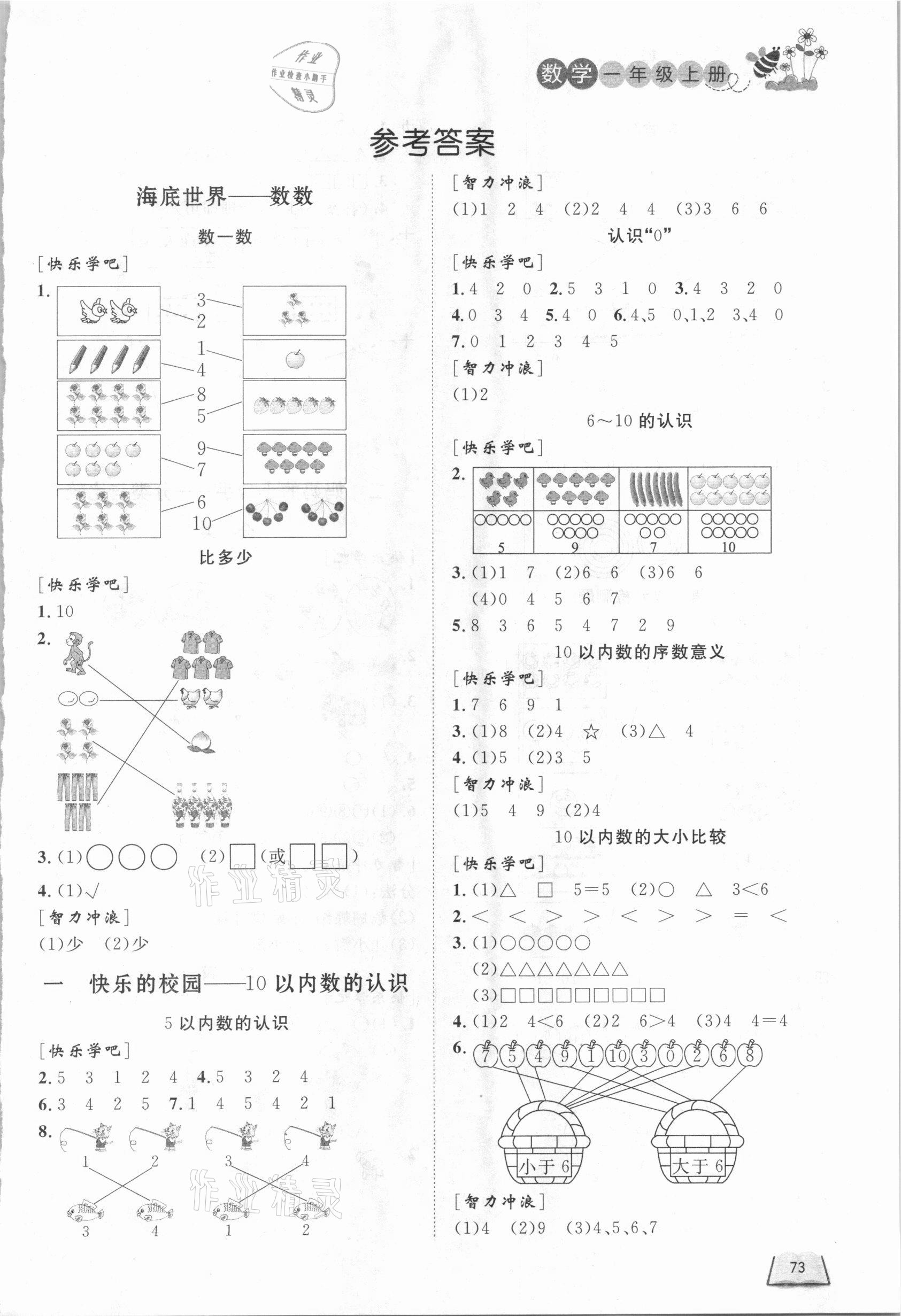 2020年小學(xué)課堂作業(yè)一年級(jí)數(shù)學(xué)上冊(cè)青島版54制東營專版 第1頁