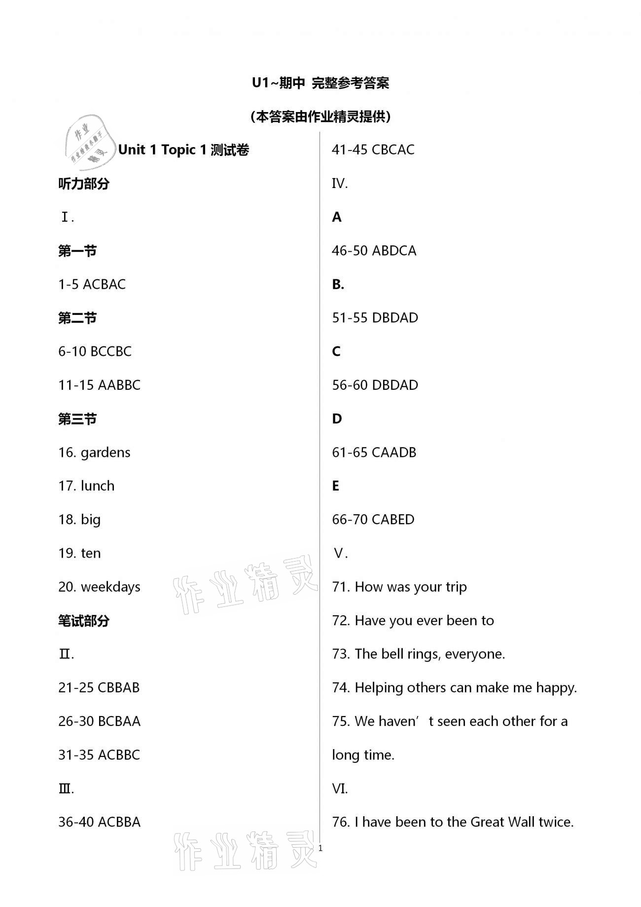 2020年名師伴你學提優名卷九年級英語上冊仁愛版福建專版 第1頁