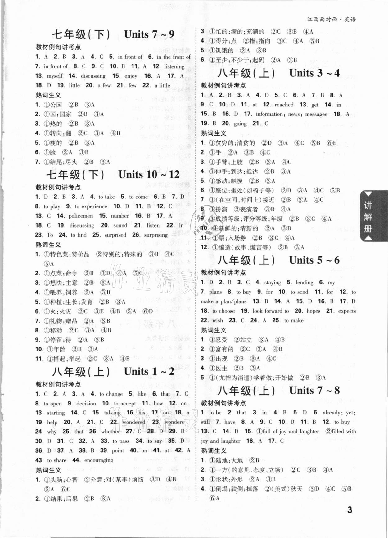 2021年中考面对面英语江西专版 参考答案第2页