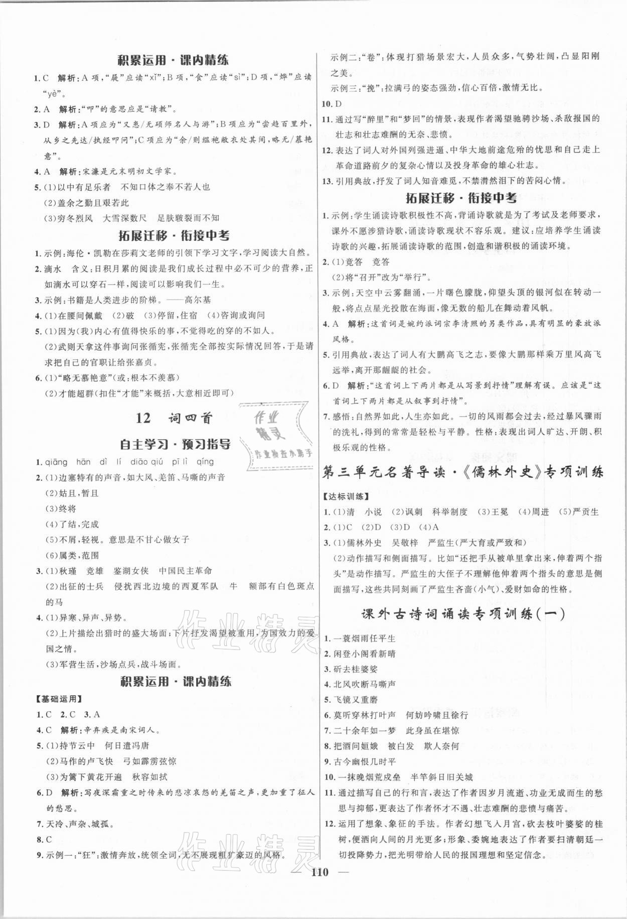 2021年奪冠百分百新導(dǎo)學(xué)課時練九年級語文下冊人教版 參考答案第6頁