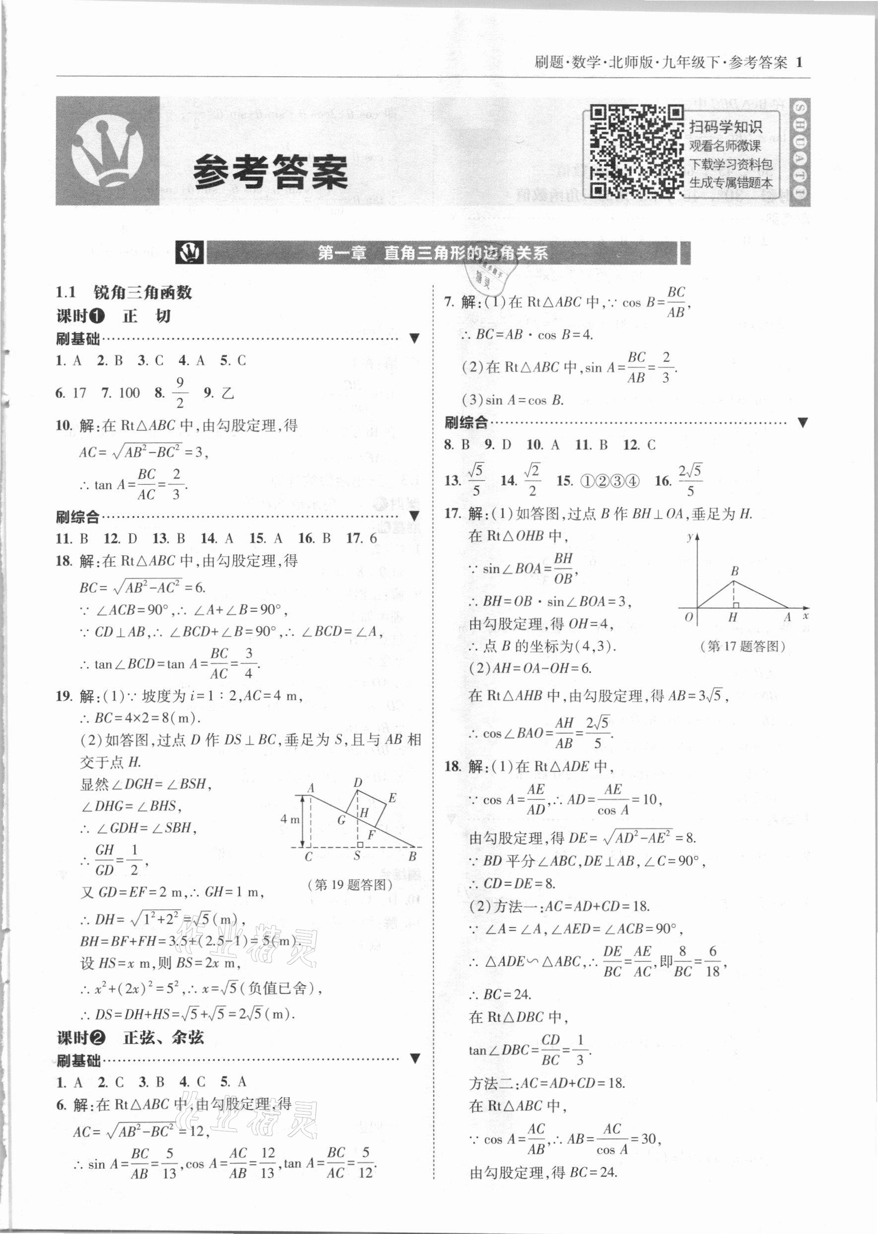 2021年北大绿卡刷题九年级数学下册北师大版 参考答案第1页