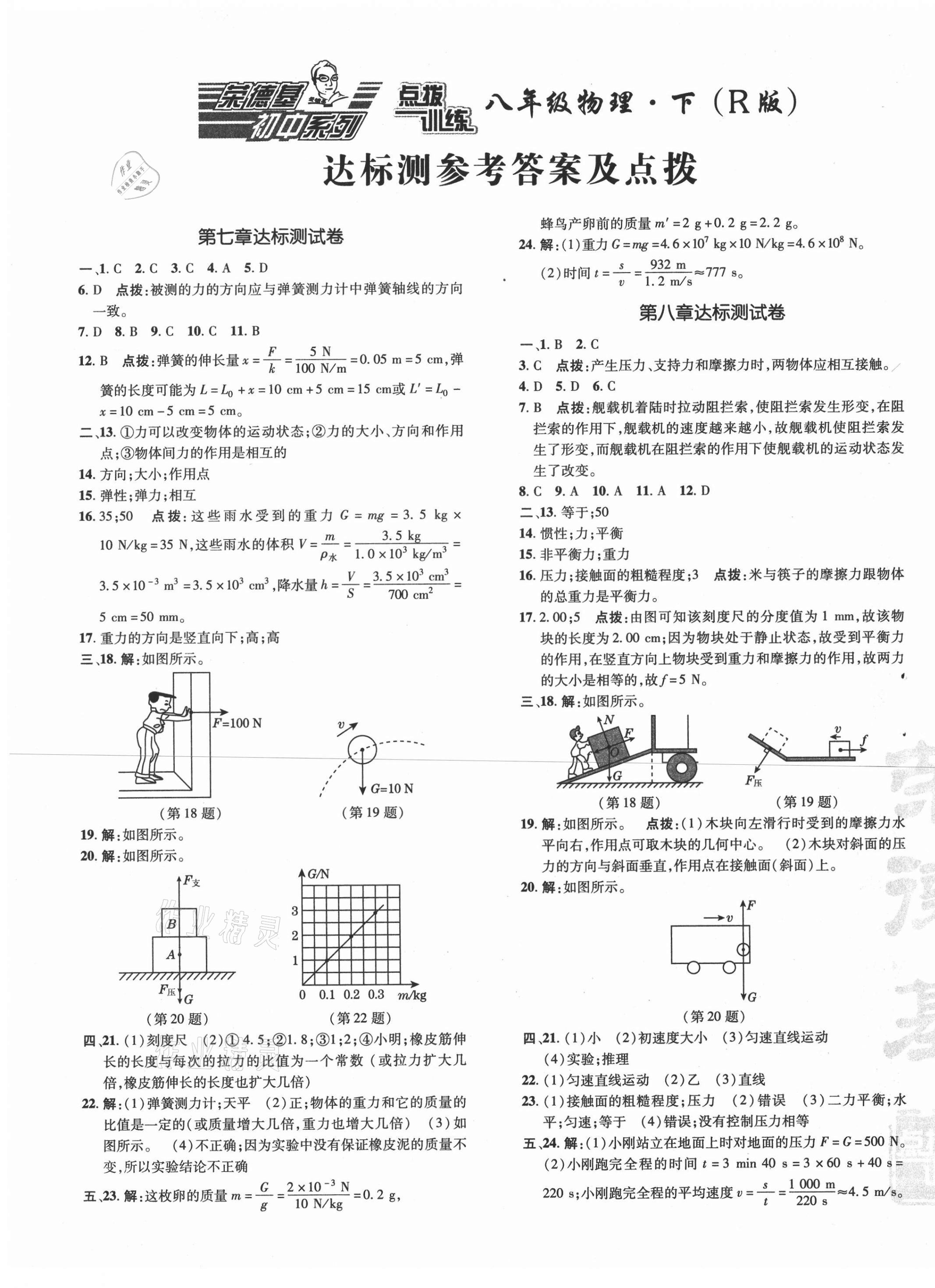 2021年點撥訓(xùn)練八年級物理下冊人教版 參考答案第1頁