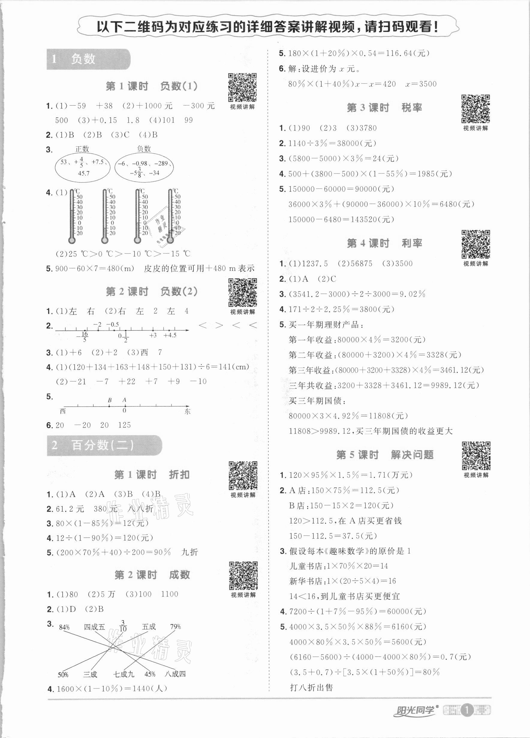 2021年阳光同学课时优化作业六年级数学下册人教版 参考答案第1页