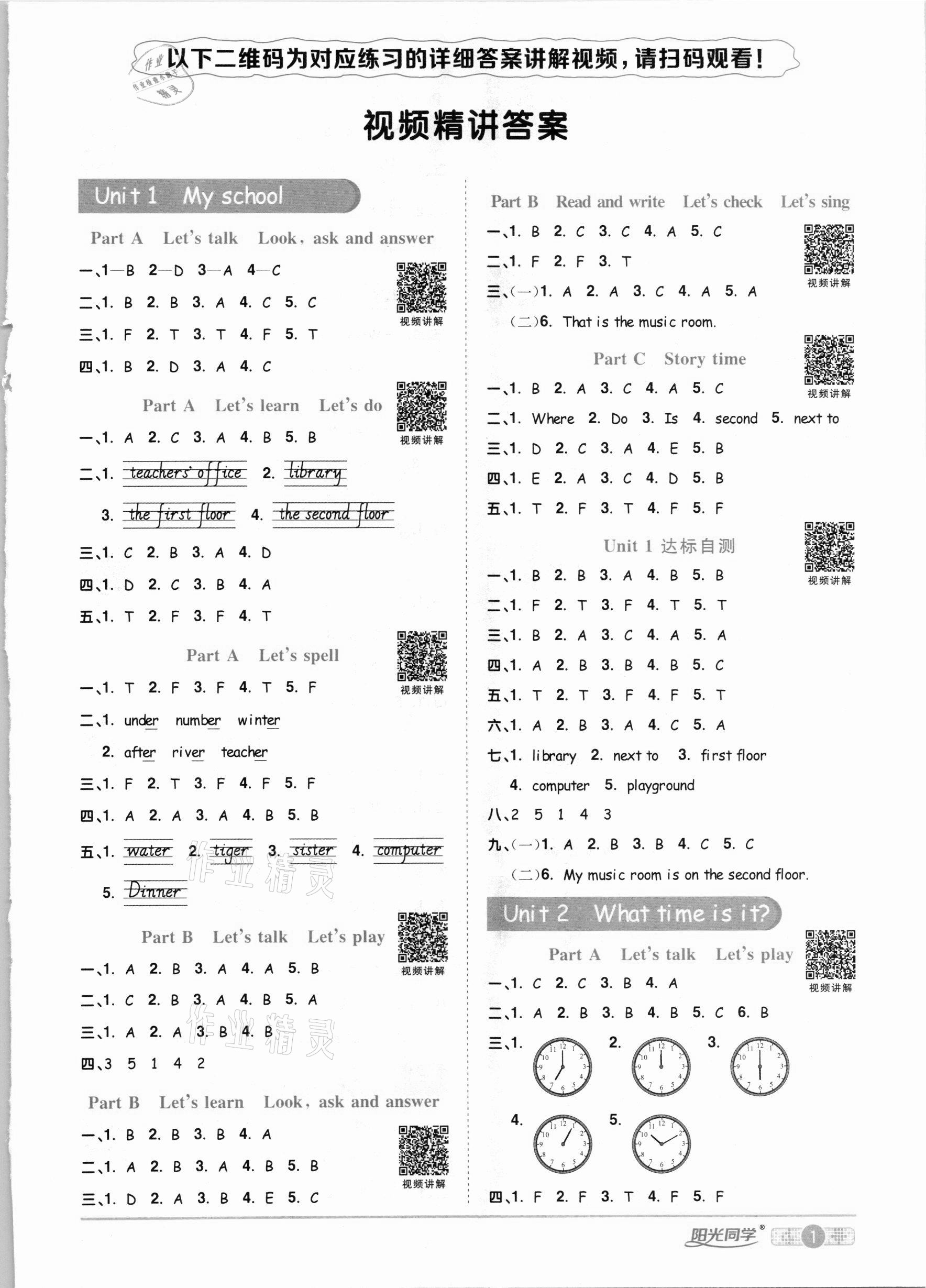 2021年陽光同學(xué)課時優(yōu)化作業(yè)四年級英語下冊人教PEP版 參考答案第1頁