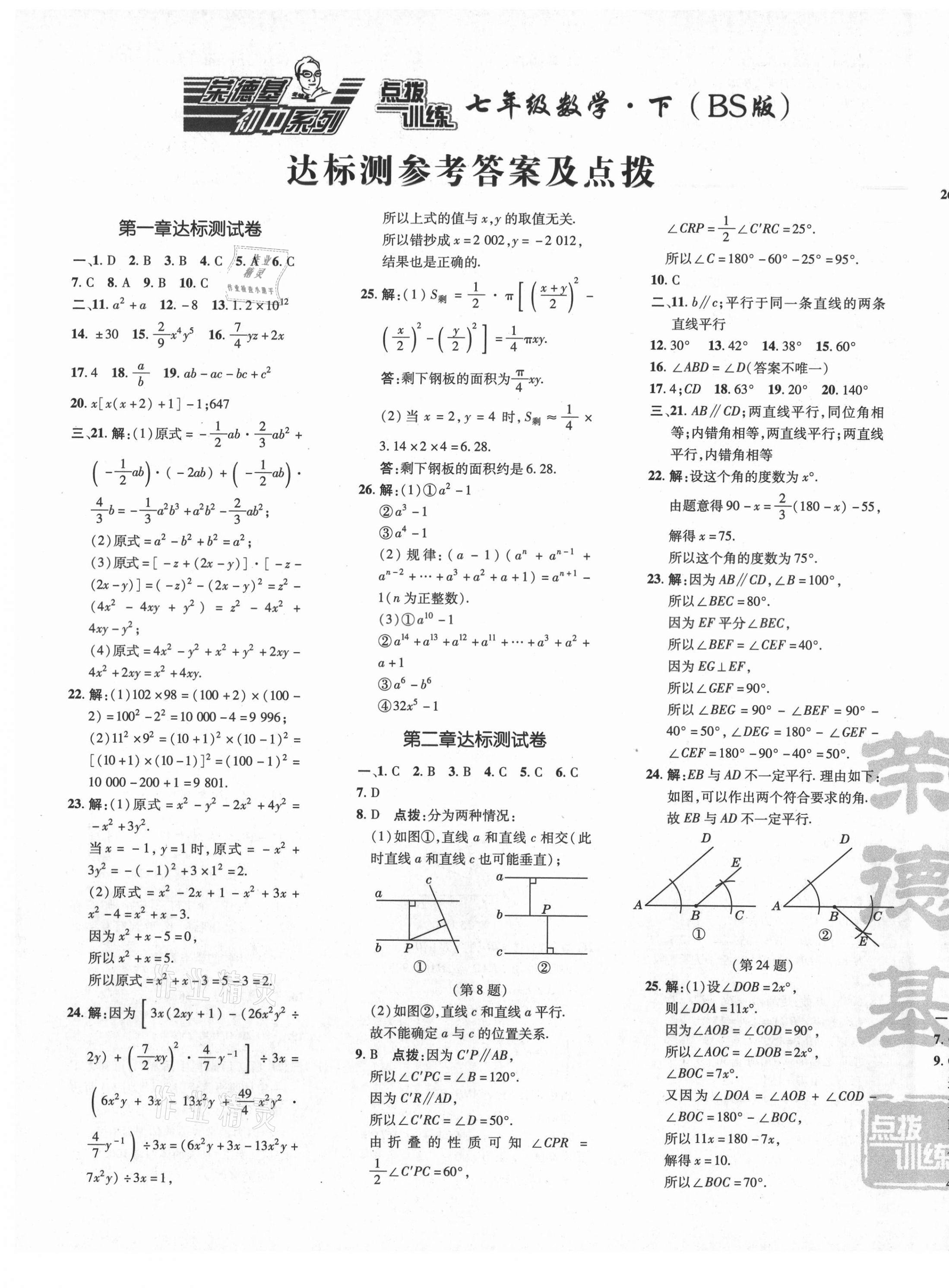 2021年點撥訓練七年級數(shù)學下冊北師大版 參考答案第1頁