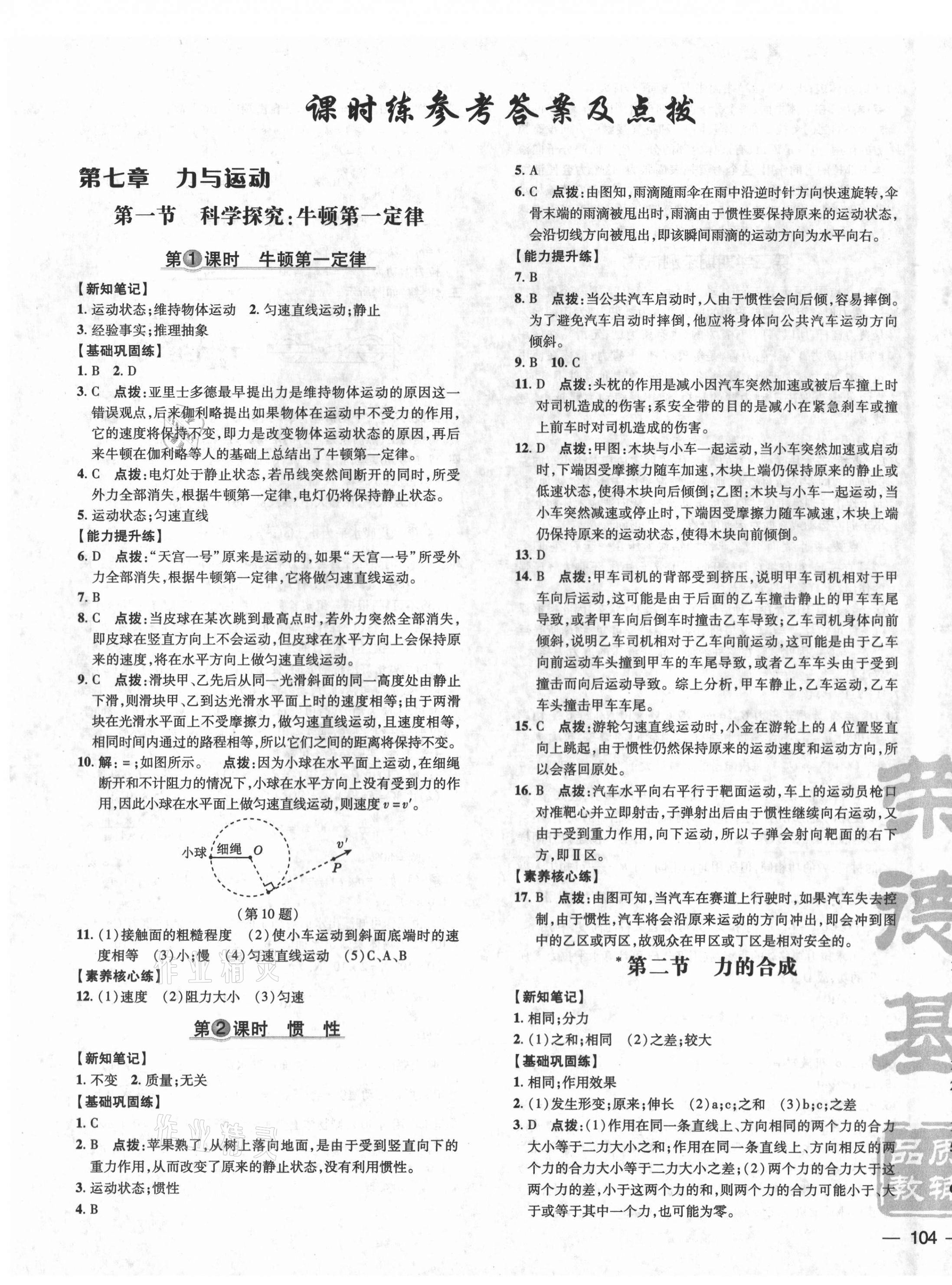 2021年點(diǎn)撥訓(xùn)練八年級(jí)物理下冊(cè)滬科版 參考答案第7頁