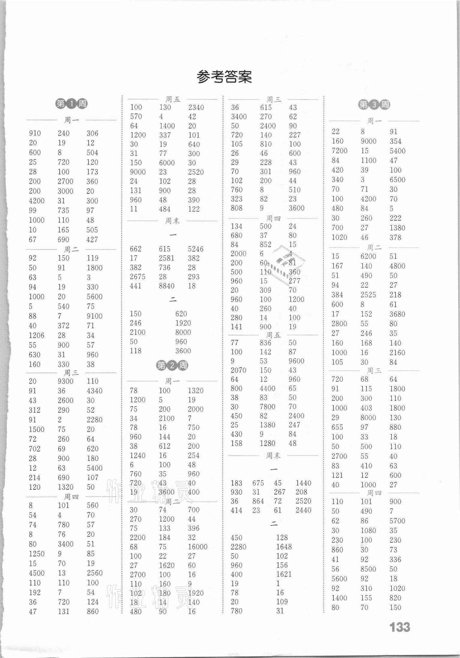 2021年通城學(xué)典小學(xué)數(shù)學(xué)計(jì)算能手四年級(jí)下冊(cè)人教版 參考答案第1頁(yè)