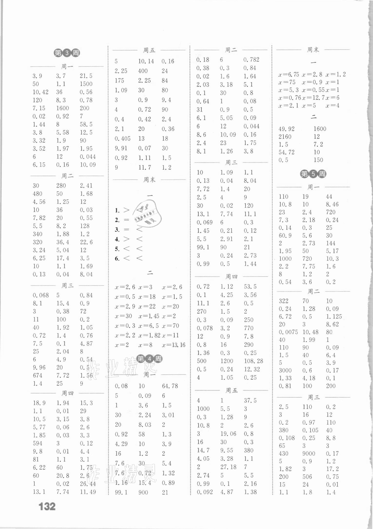 2021年通城学典小学数学计算能手五年级下册苏教版 参考答案第2页