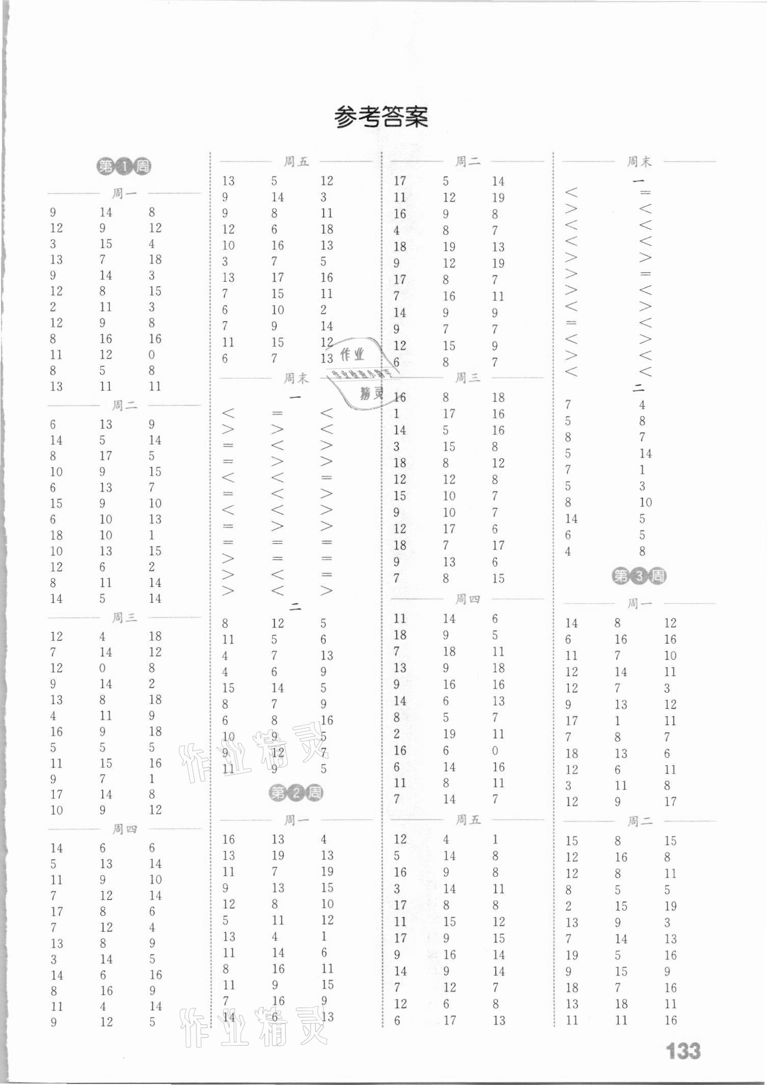 2021年通城学典小学数学计算能手一年级下册冀教版 参考答案第1页