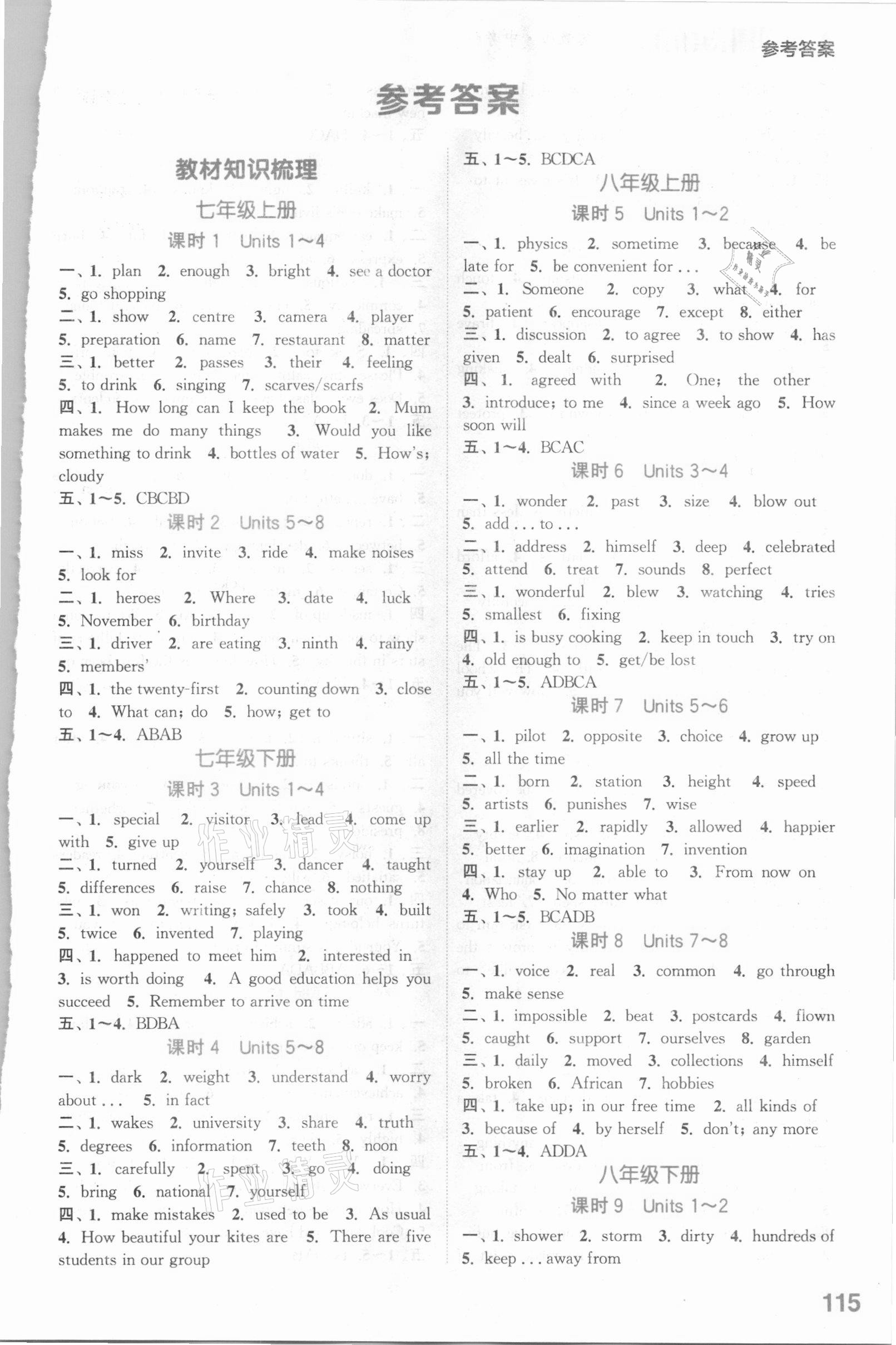 2021年初中英語默寫能手中考版冀教版 參考答案第1頁