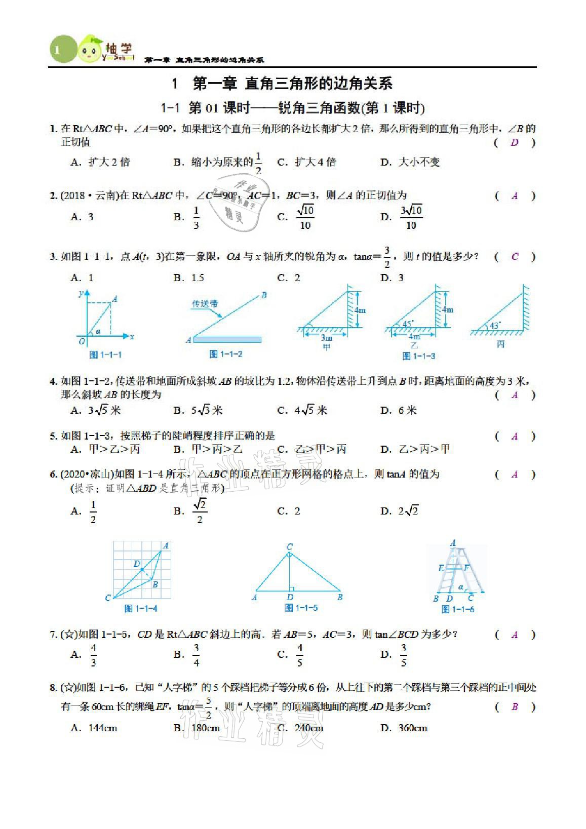 2021年課時分層作業(yè)本九年級數(shù)學(xué)下冊北師大版 參考答案第1頁