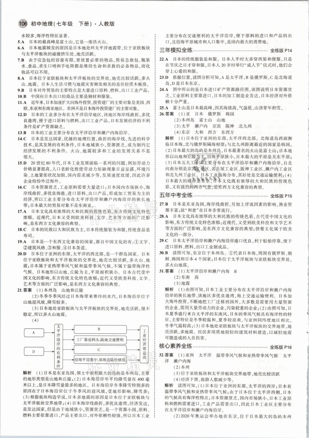 2021年5年中考3年模拟七年级地理下册人教版 参考答案第4页