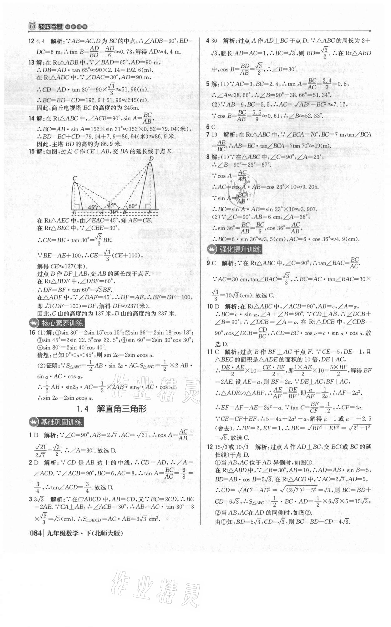 2021年1加1轻巧夺冠优化训练九年级数学下册北师大版 参考答案第5页