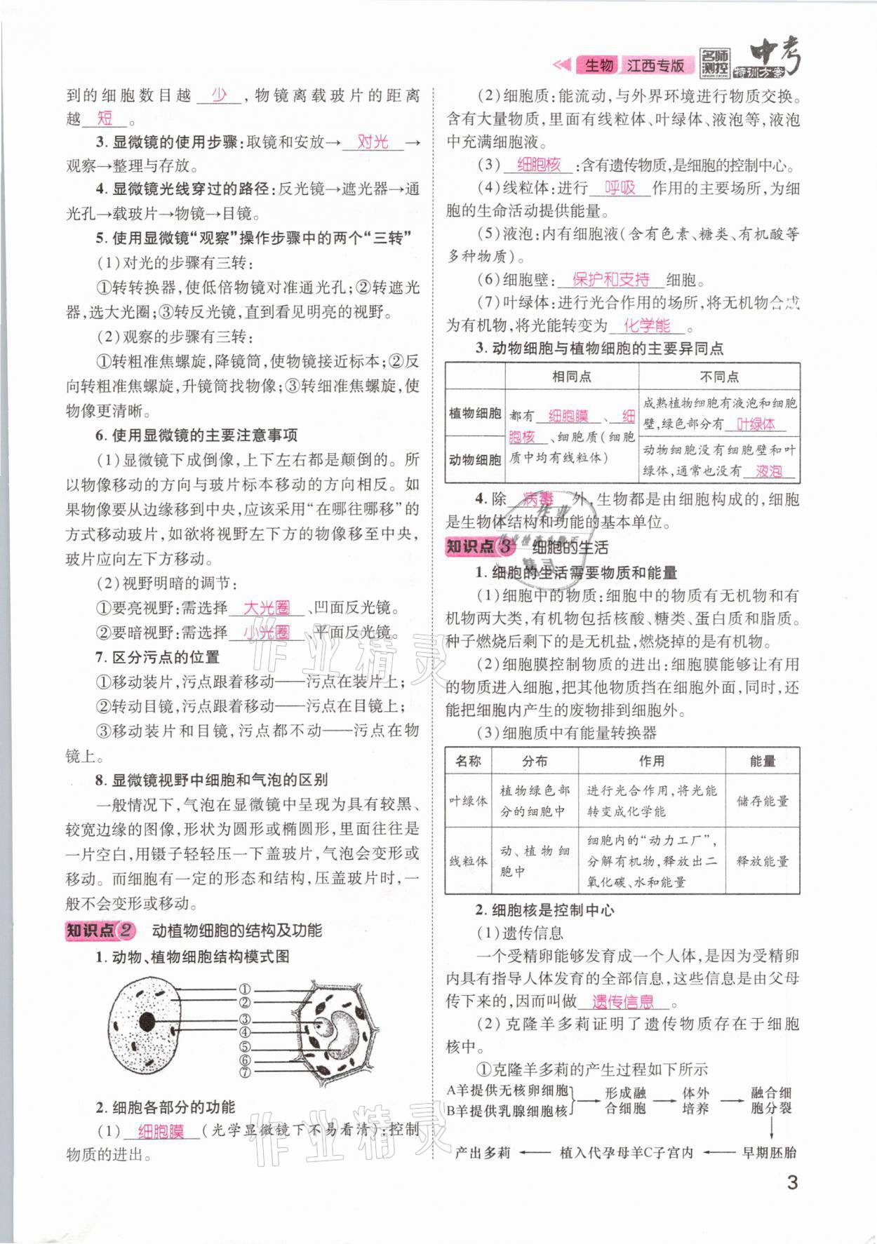 2021年名師測控中考特訓方案生物江西專版 參考答案第3頁