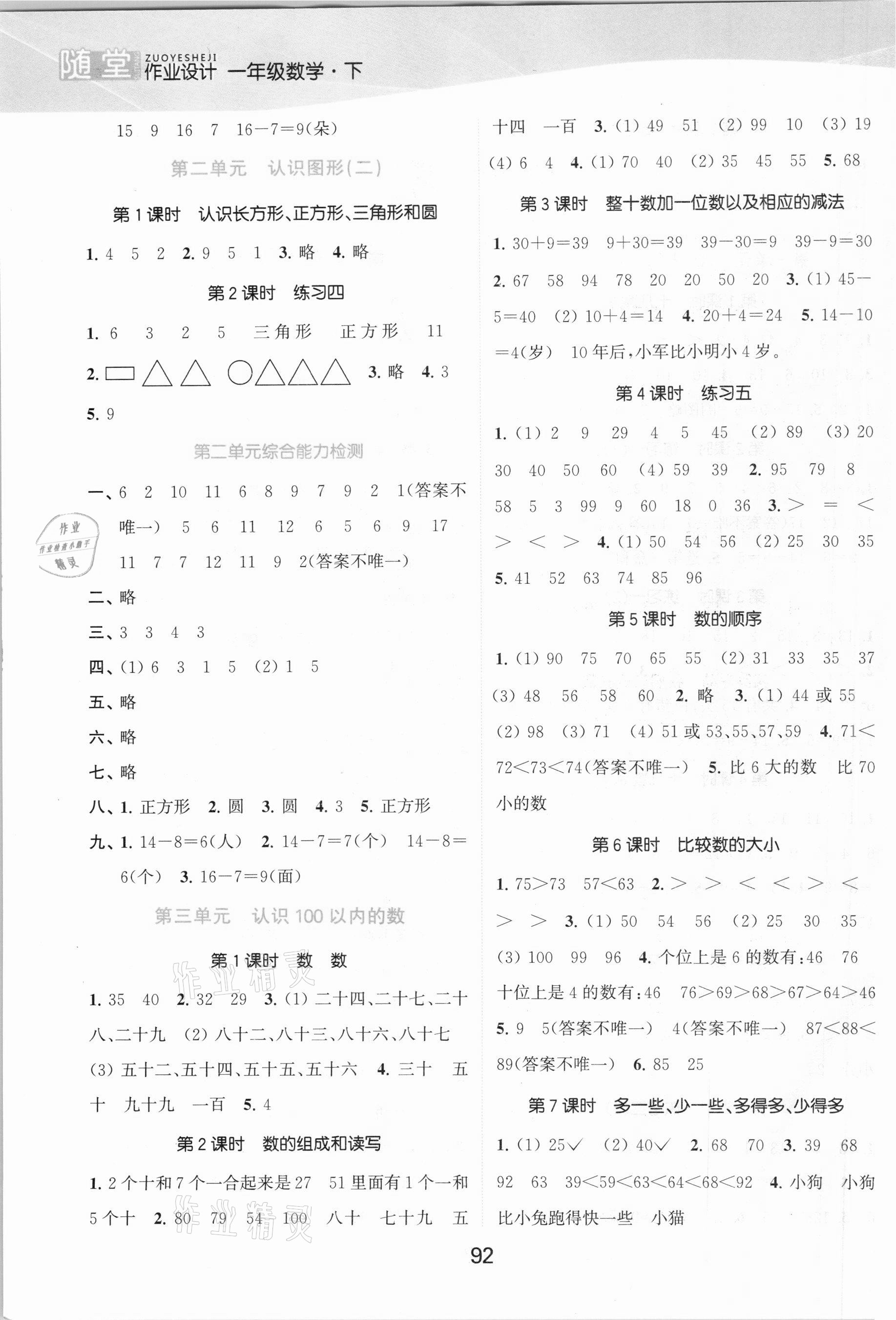 2021年高效精練提優(yōu)作業(yè)本一年級(jí)數(shù)學(xué)下冊(cè)蘇教版 參考答案第2頁(yè)