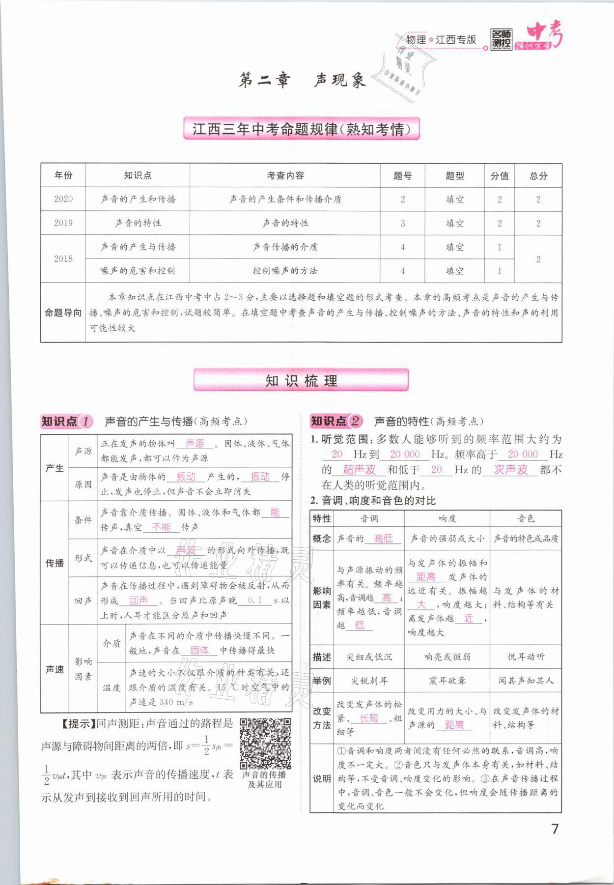 2021年名師測(cè)控中考特訓(xùn)方案物理江西專版 參考答案第7頁