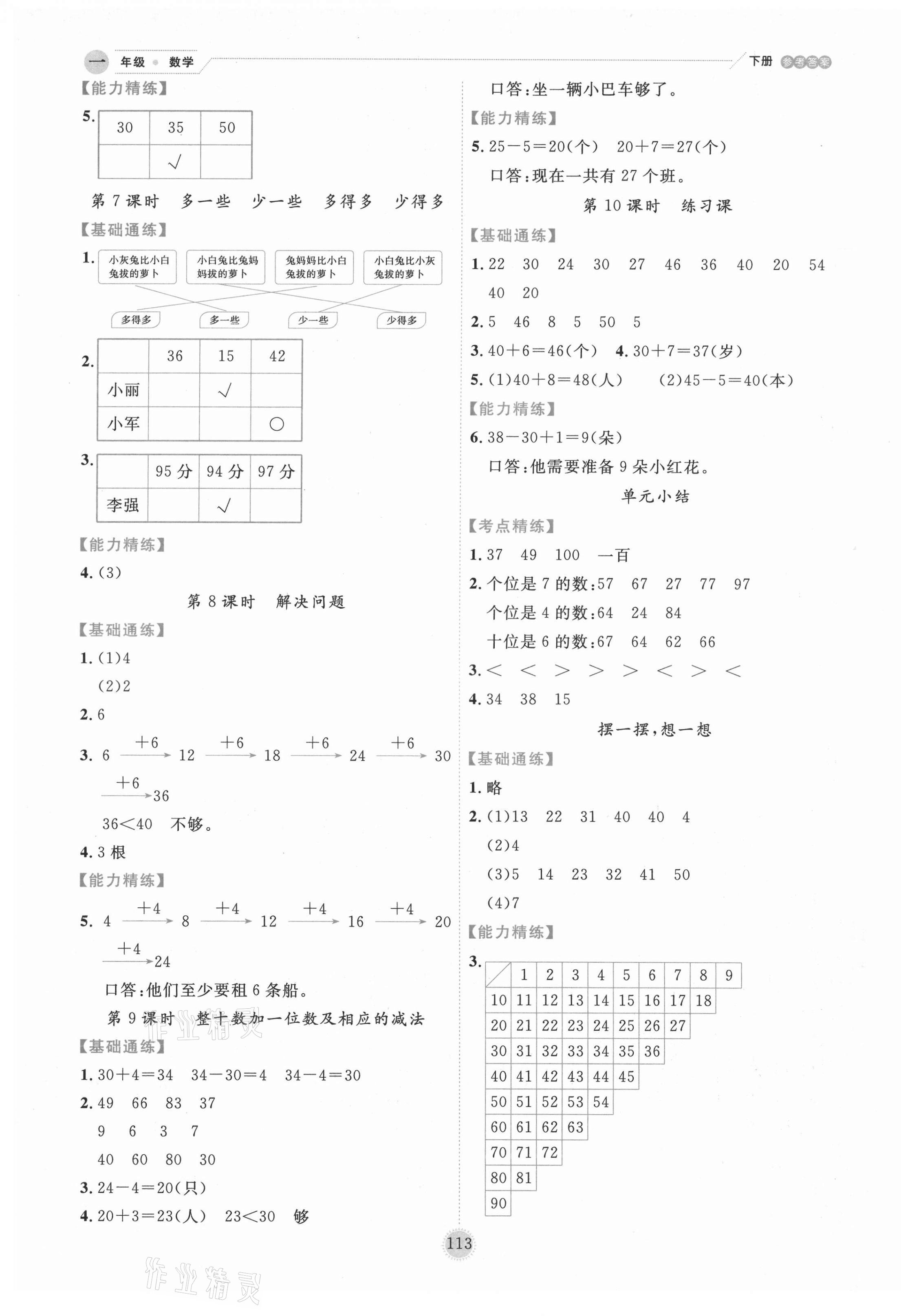 2021年優秀生作業本一年級數學下冊人教版 參考答案第5頁