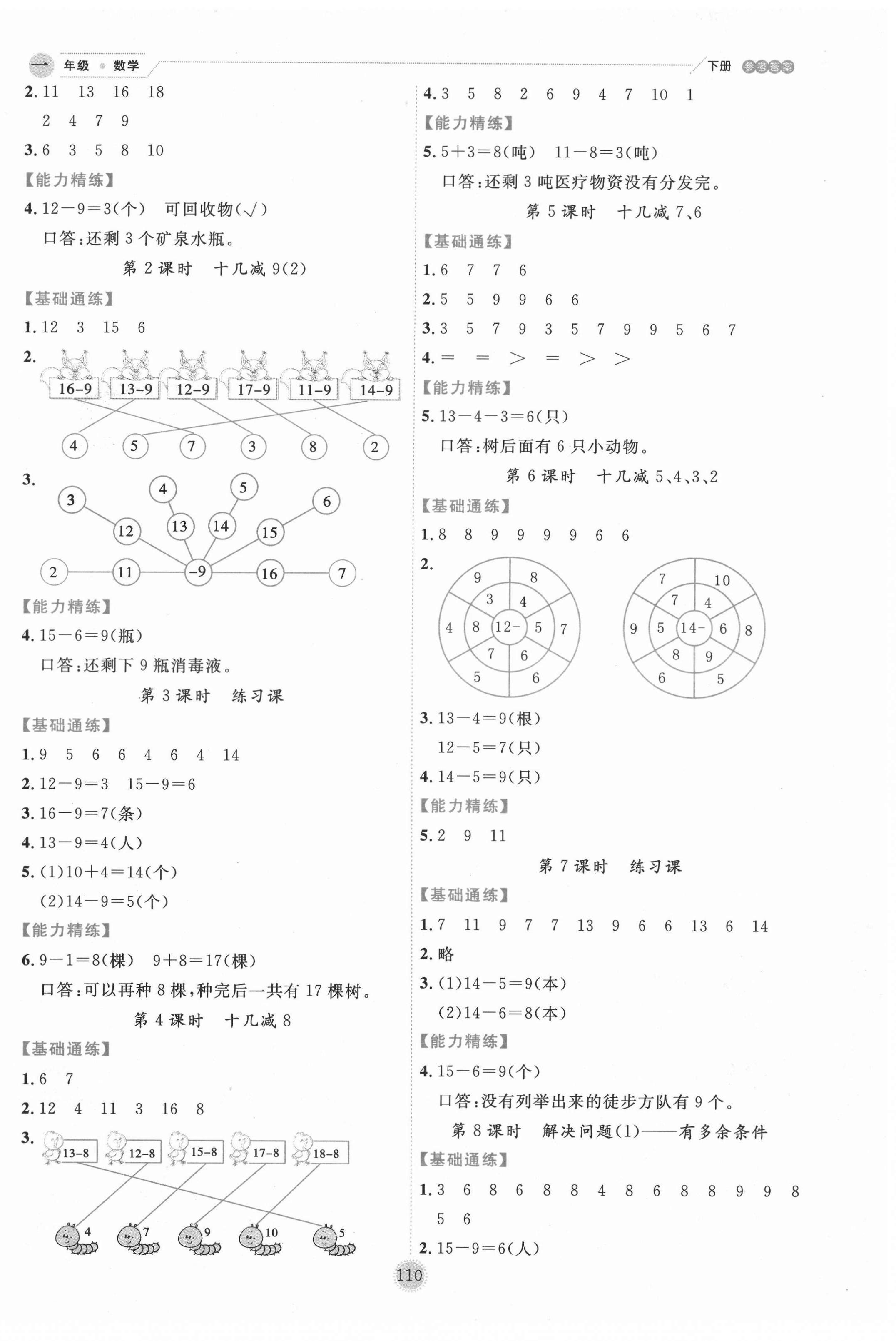 2021年優(yōu)秀生作業(yè)本一年級(jí)數(shù)學(xué)下冊(cè)人教版 參考答案第2頁(yè)