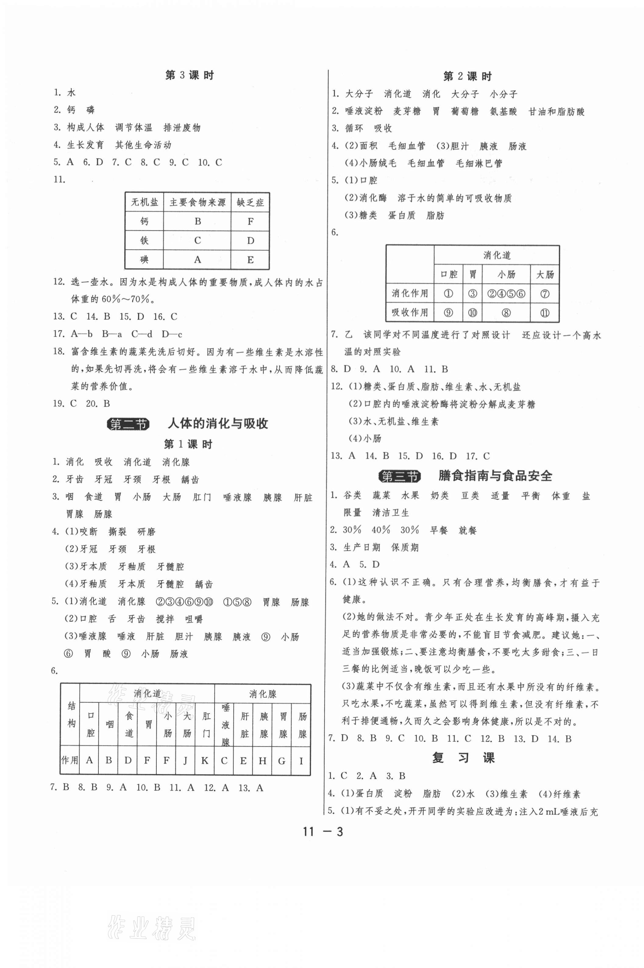 2021年1課3練單元達標測試七年級生物學下冊蘇教版 參考答案第3頁