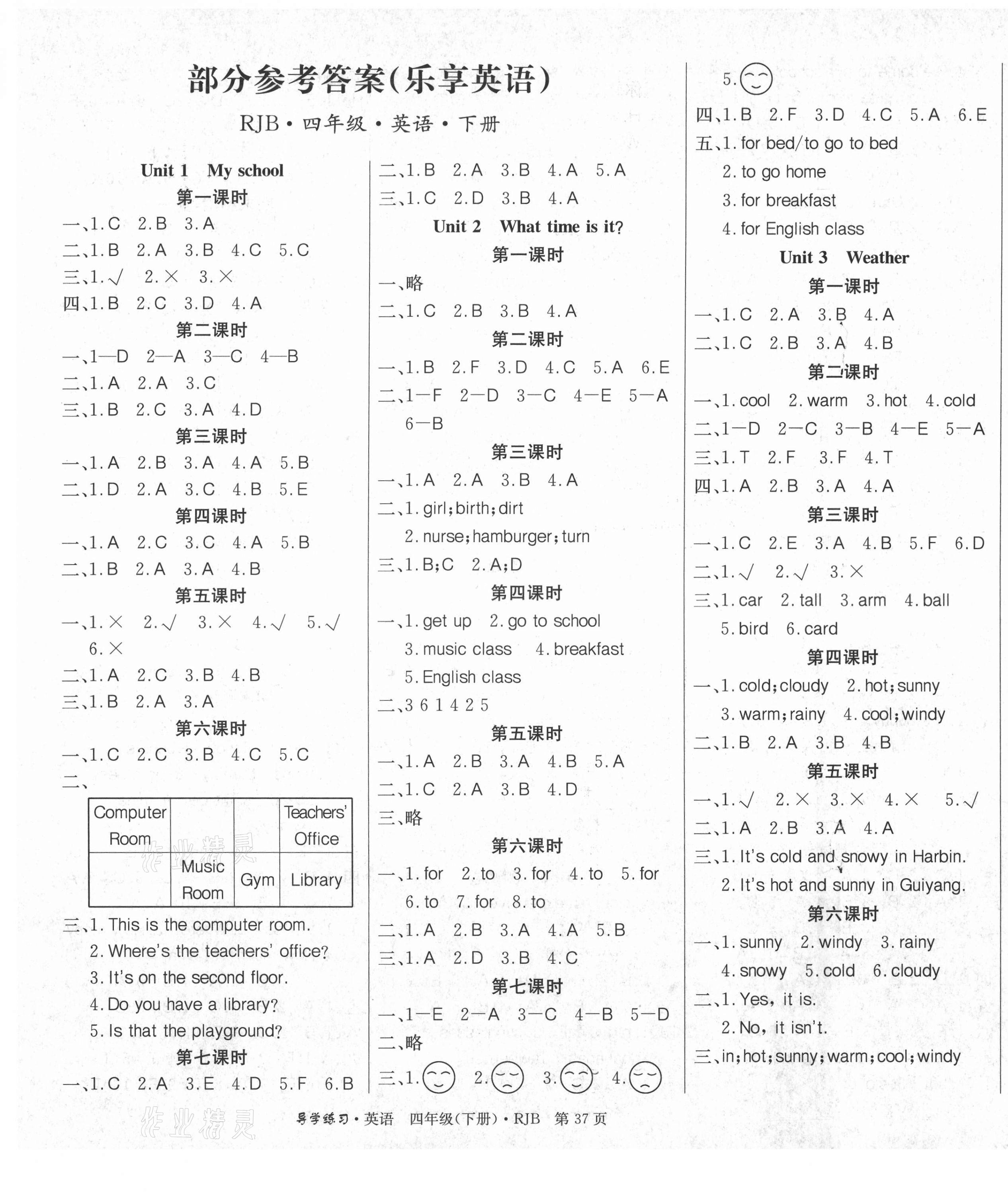 2021年乐享导学练习四年级英语下册人教版 参考答案第1页