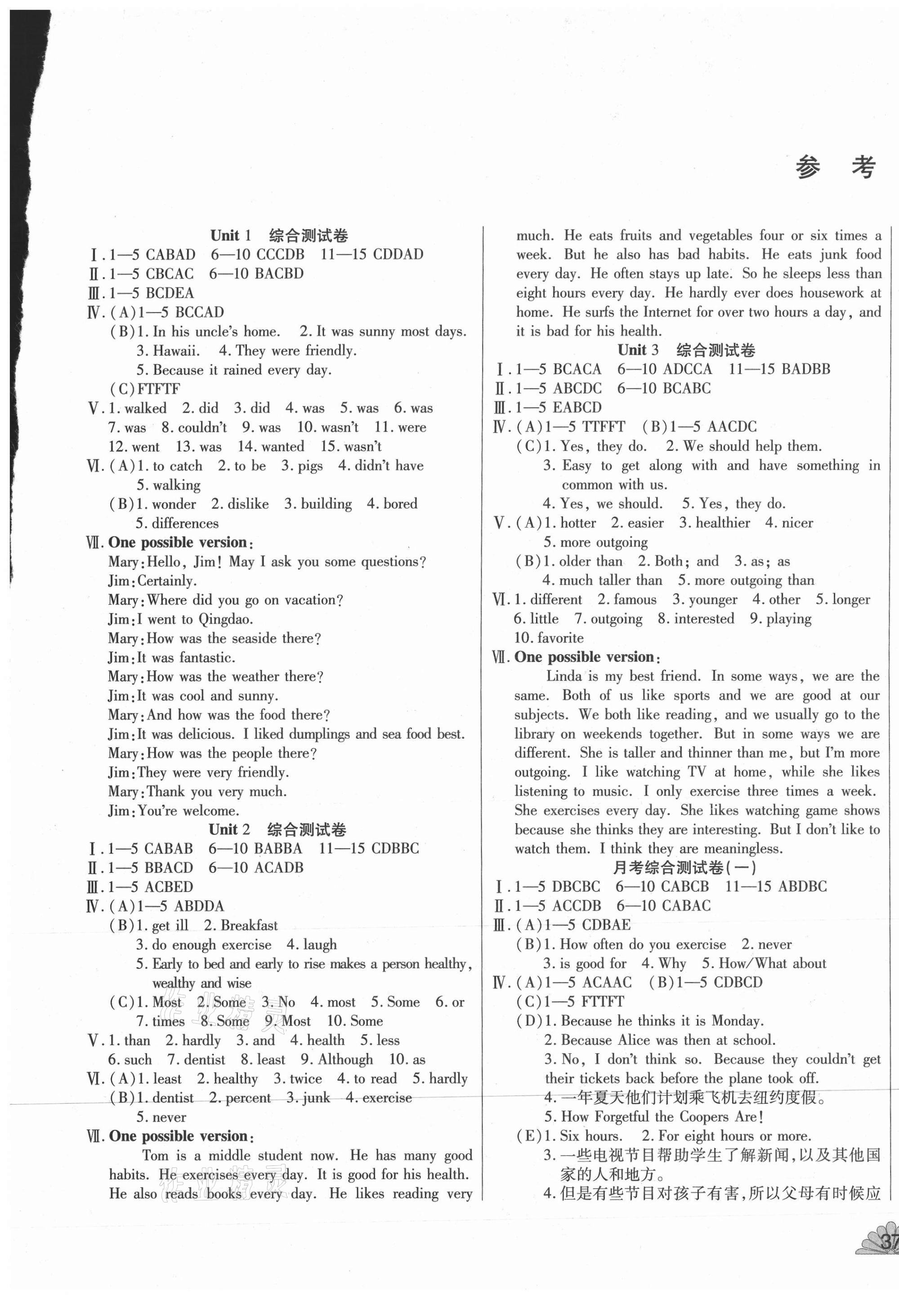 2020年千里馬單元測(cè)試卷八年級(jí)英語(yǔ)上冊(cè)人教版 參考答案第1頁(yè)