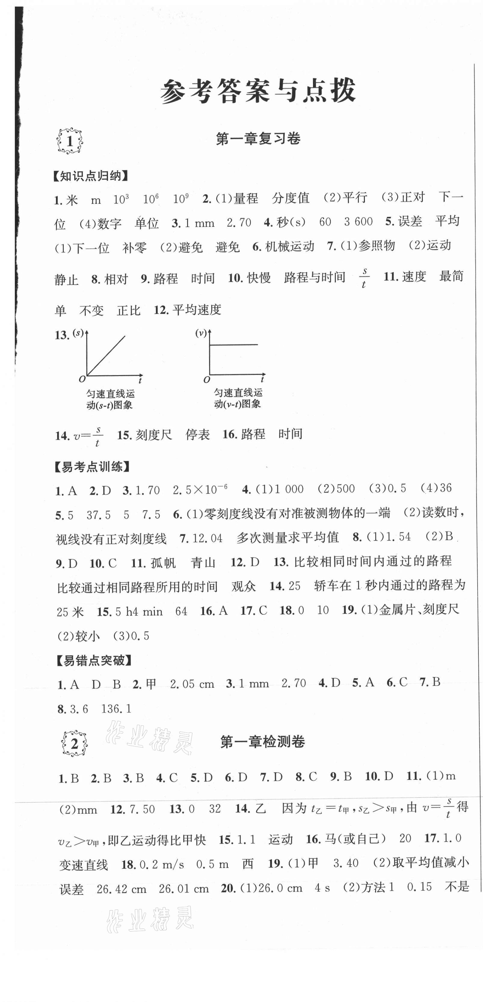 2020年單元加期末復(fù)習(xí)先鋒大考卷八年級(jí)物理上冊(cè)人教版 參考答案第1頁(yè)