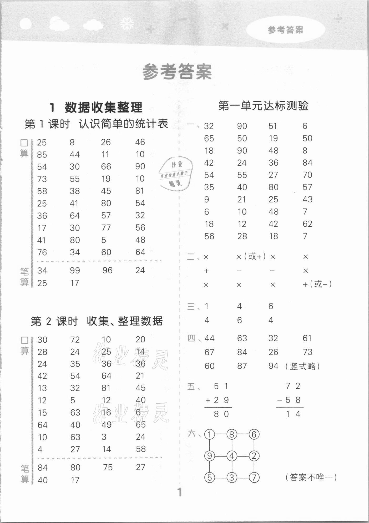 2021年小學口算大通關二年級數學下冊人教版 參考答案第1頁