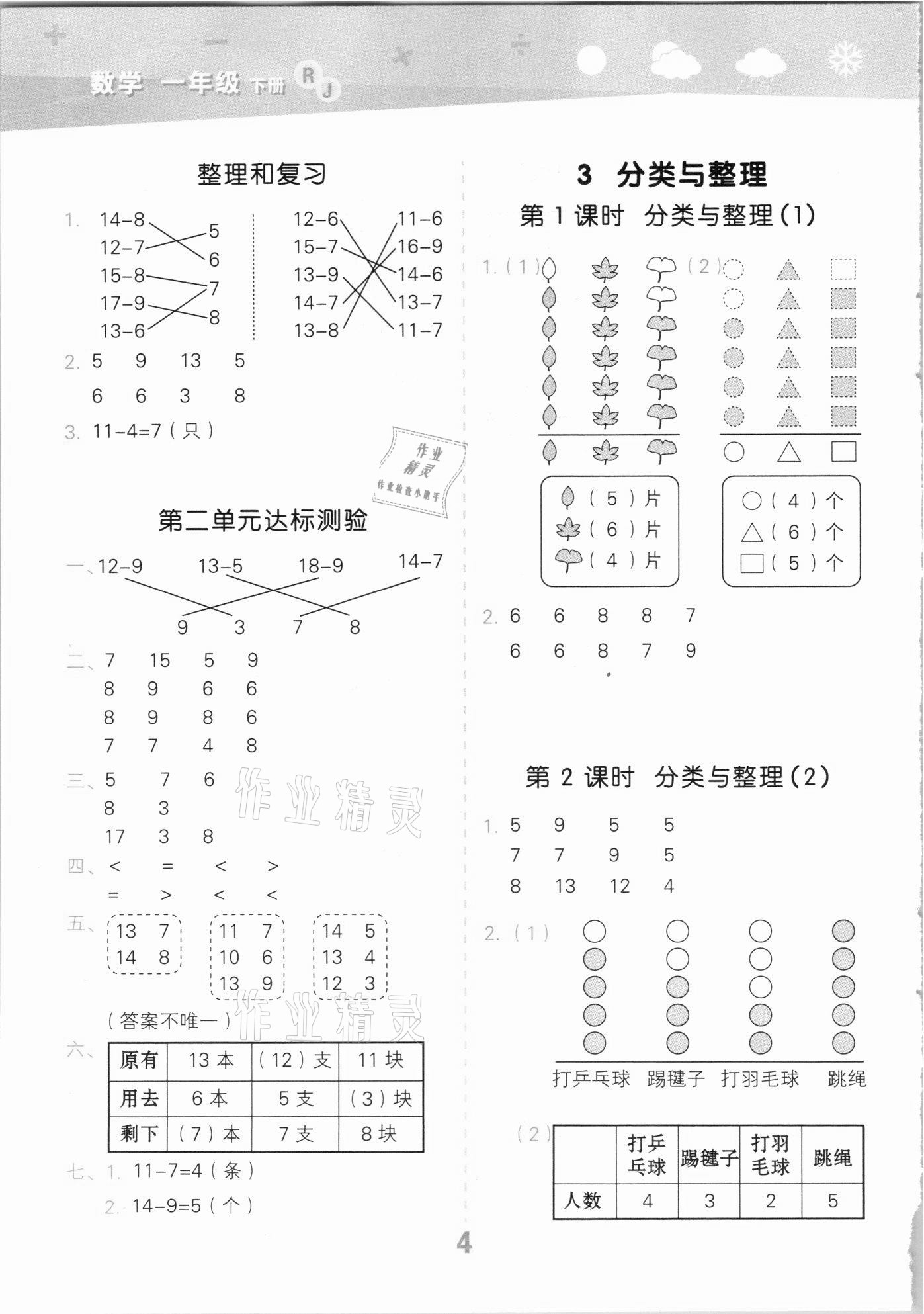 2021年小學口算大通關一年級數(shù)學下冊人教版 參考答案第4頁