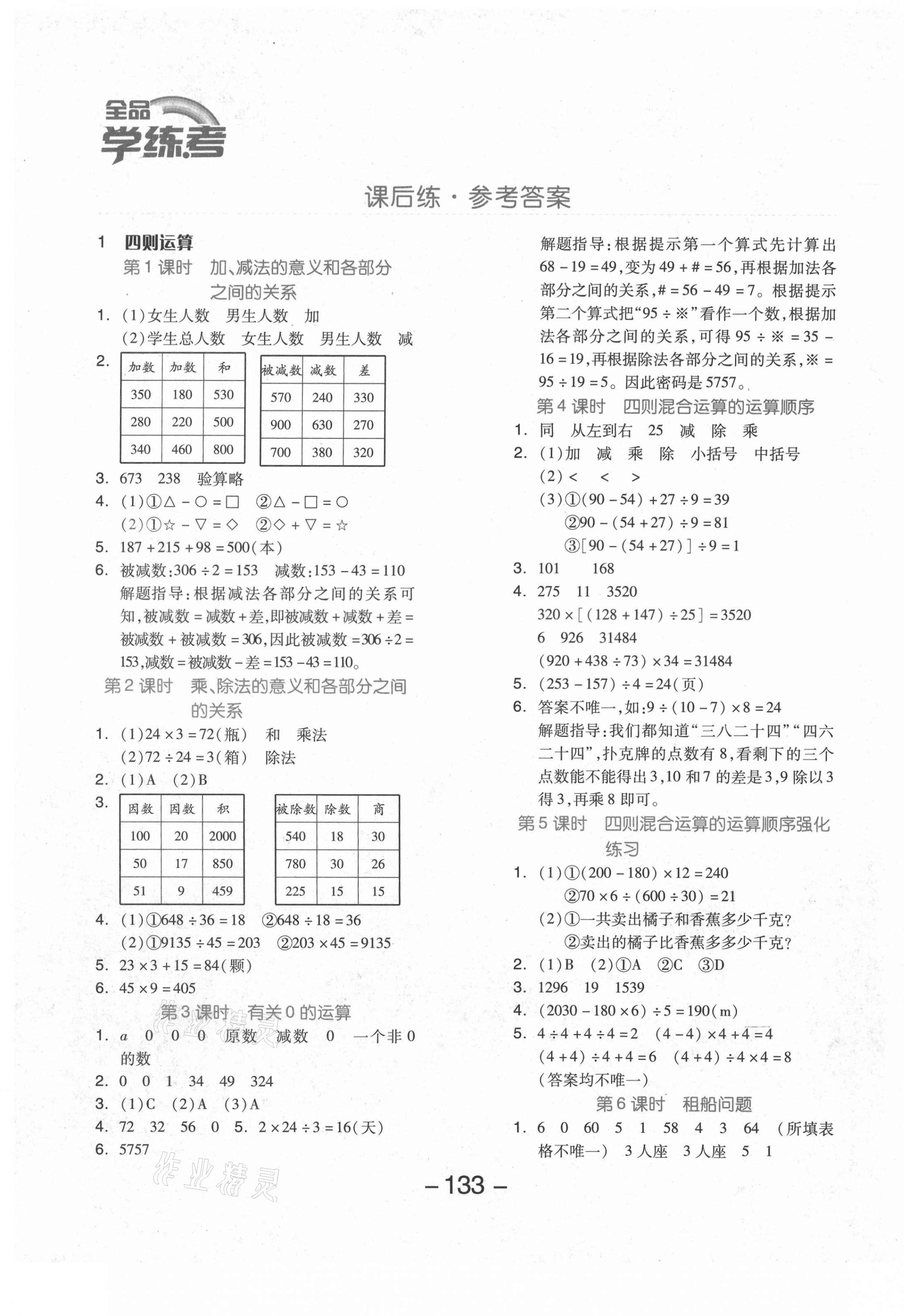 2021年全品學(xué)練考四年級(jí)數(shù)學(xué)下冊(cè)人教版福建專版 參考答案第1頁