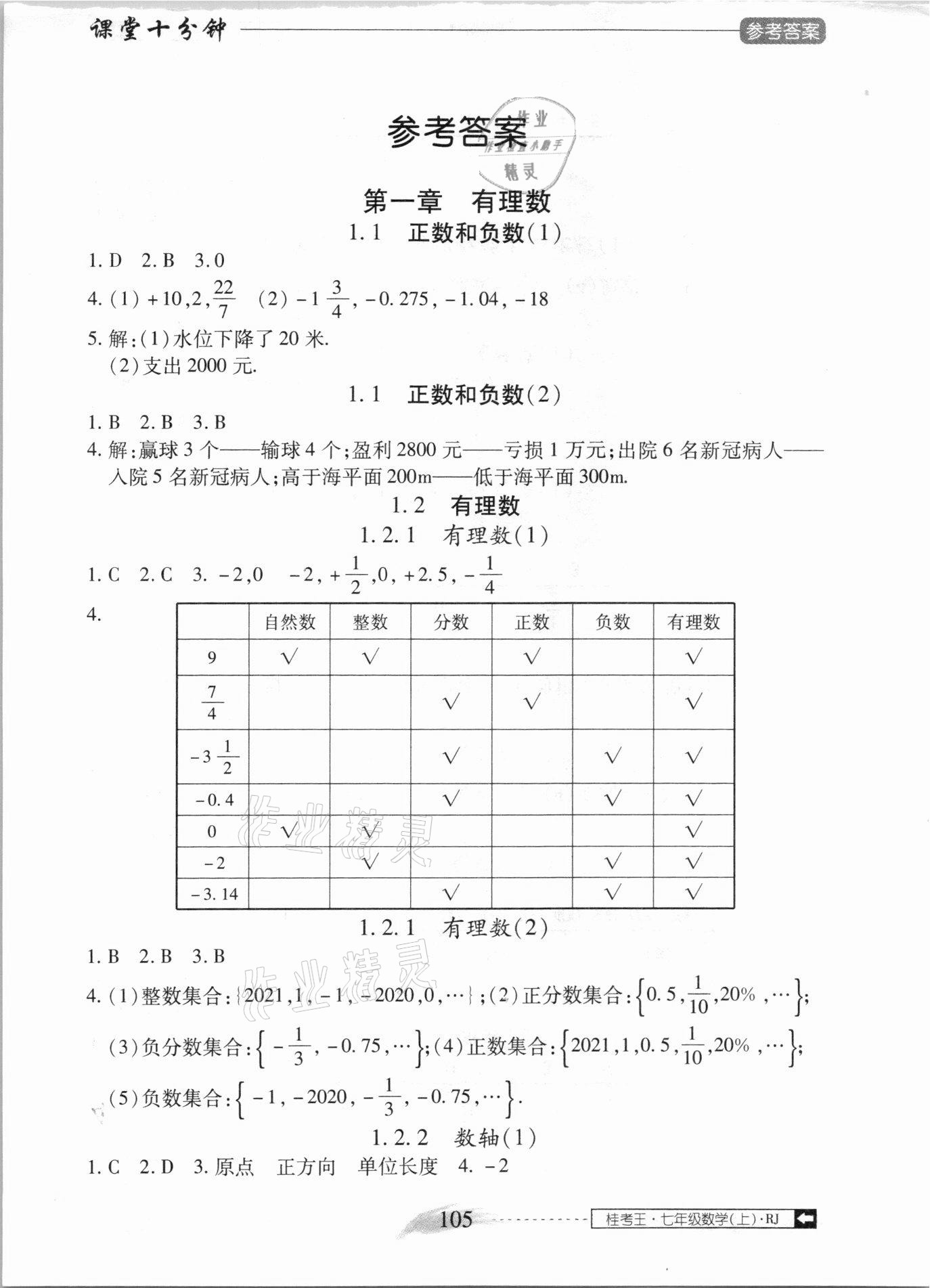 2020年翻轉(zhuǎn)課堂課堂10分鐘七年級數(shù)學(xué)上冊人教版廣西專版 參考答案第1頁